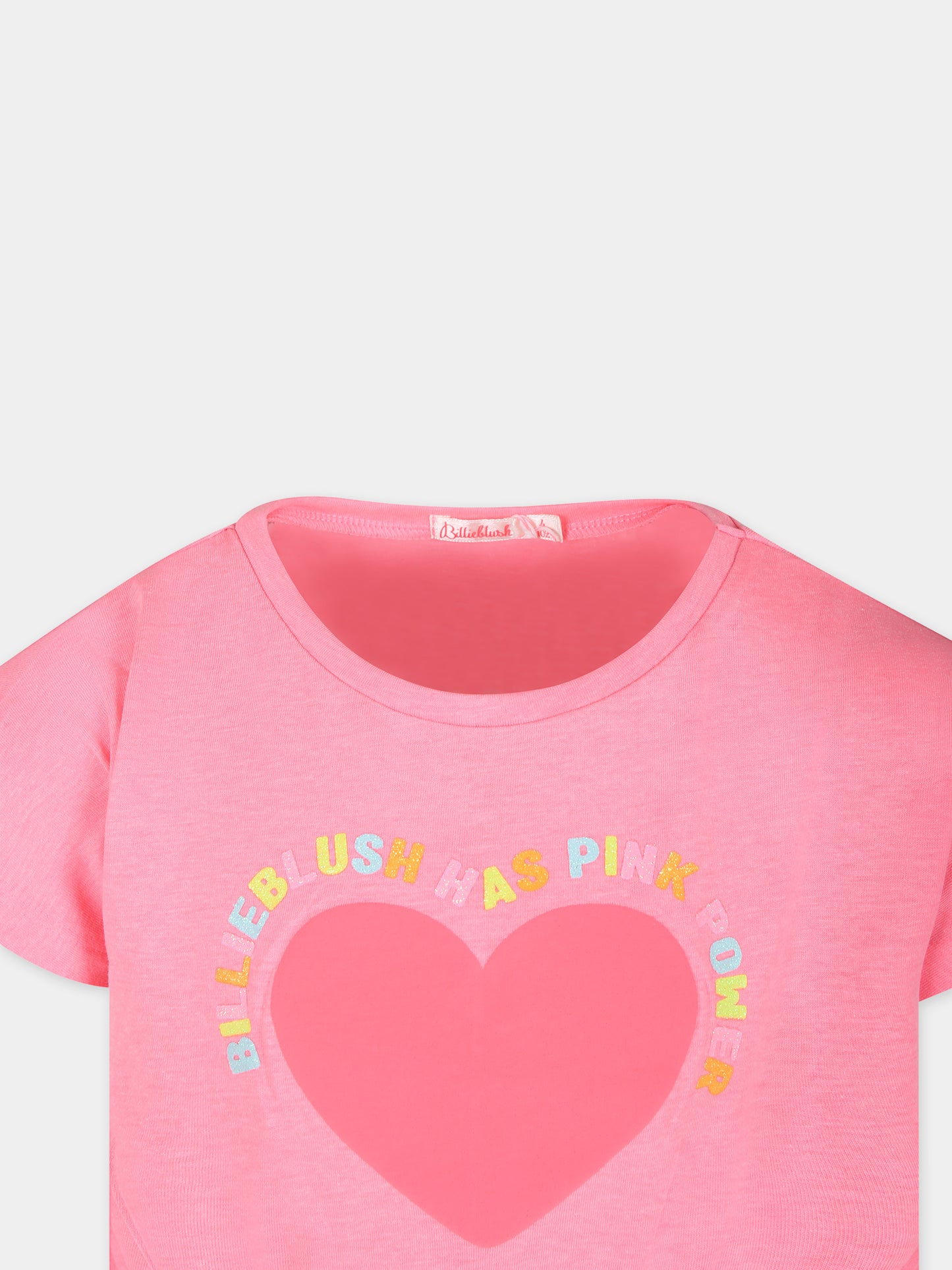 T-shirt crop fucsia per bambina con cuore e logo,Billieblush,U20350 499