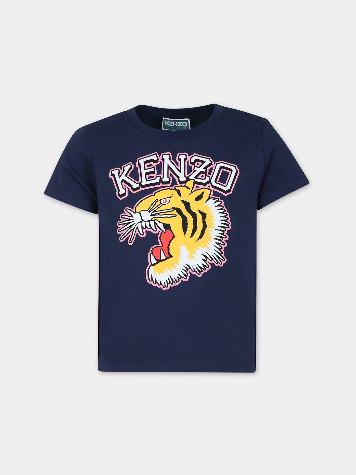 T-shirt blu per bambina con iconica trigre e logo,Kenzo Kids,K60264 84A