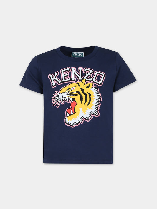 T-shirt blu per bambina con iconica trigre e logo,Kenzo Kids,K60264 84A
