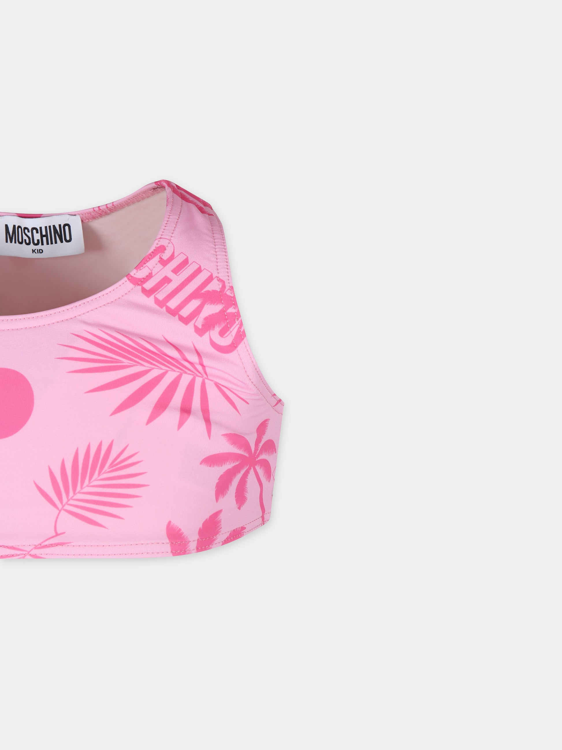 Bikini rosa per bambina con stampa Teddy Bear e palme,Moschino Kids,HDL00W LKA00 85839