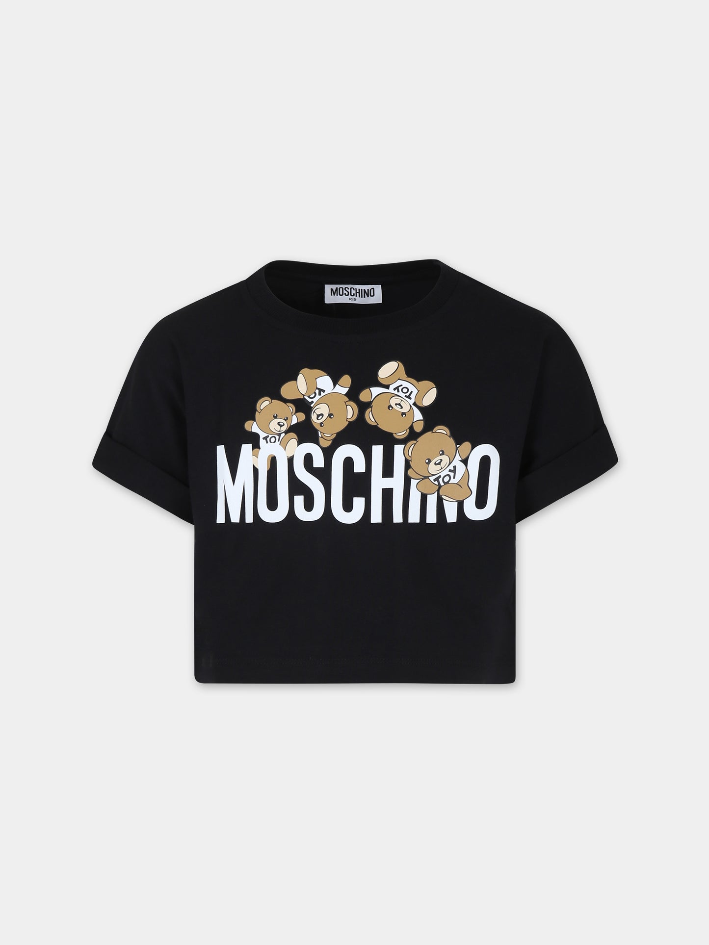 T-shirt crop nera per bambina con Teddy Bears e logo,Moschino Kids,HDM068 LBA00 60100