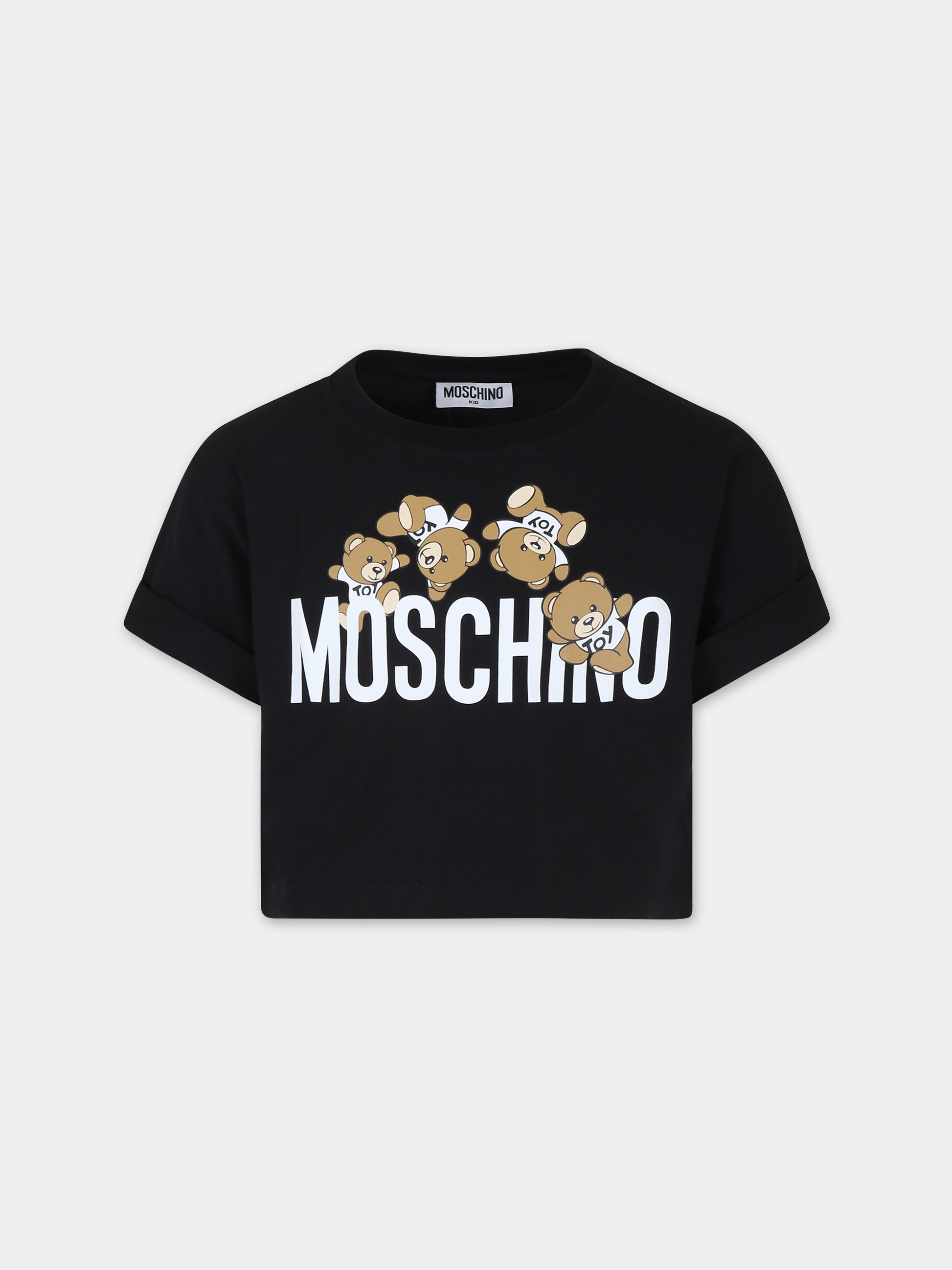 T-shirt crop nera per bambina con Teddy Bears e logo,Moschino Kids,HDM068 LBA00 60100
