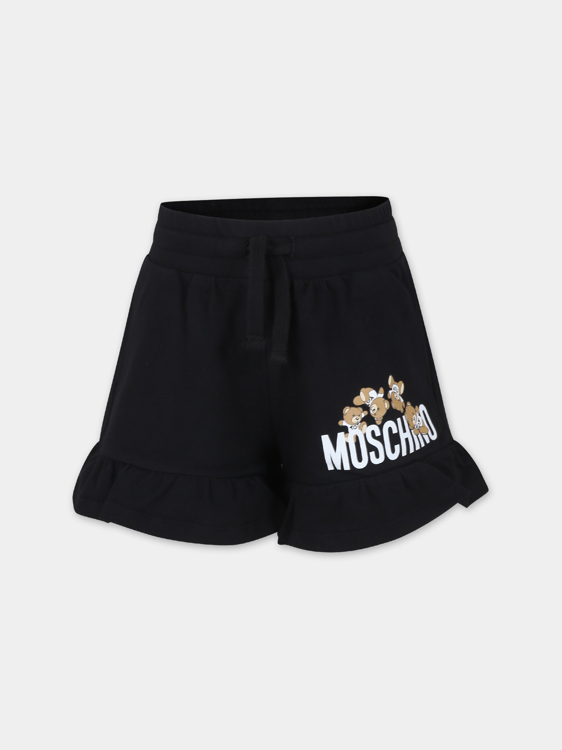 Shorts neri per bambina con Teddy Bears e logo,Moschino Kids,HDQ014 LDA00 60100