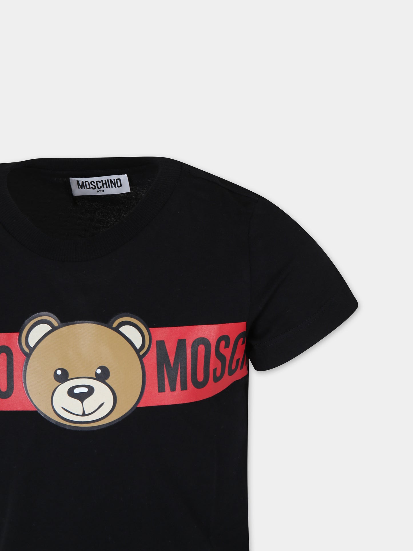 T-shirt nera per bambini con Teddy Bear e logo,Moschino Kids,HUM04Q LAA03 60100