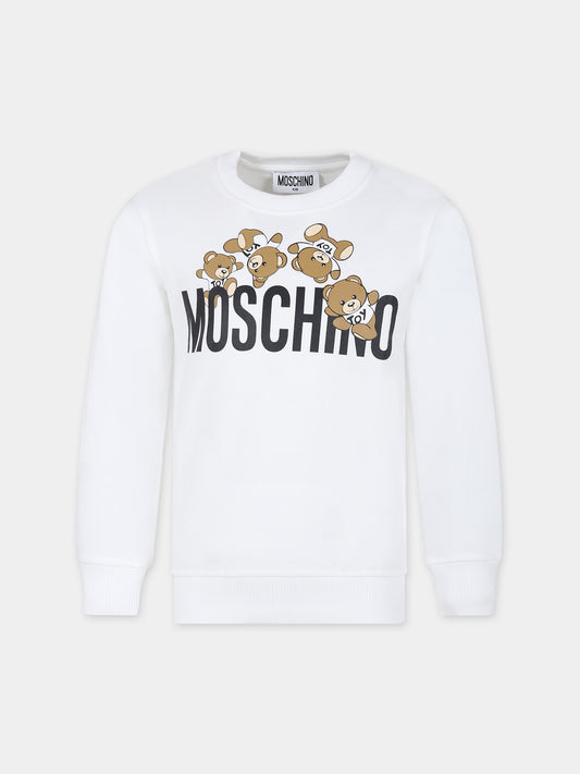 Felpa bianca per bambini con Teddy Bears e logo,Moschino Kids,HZF05R LCA19 10101