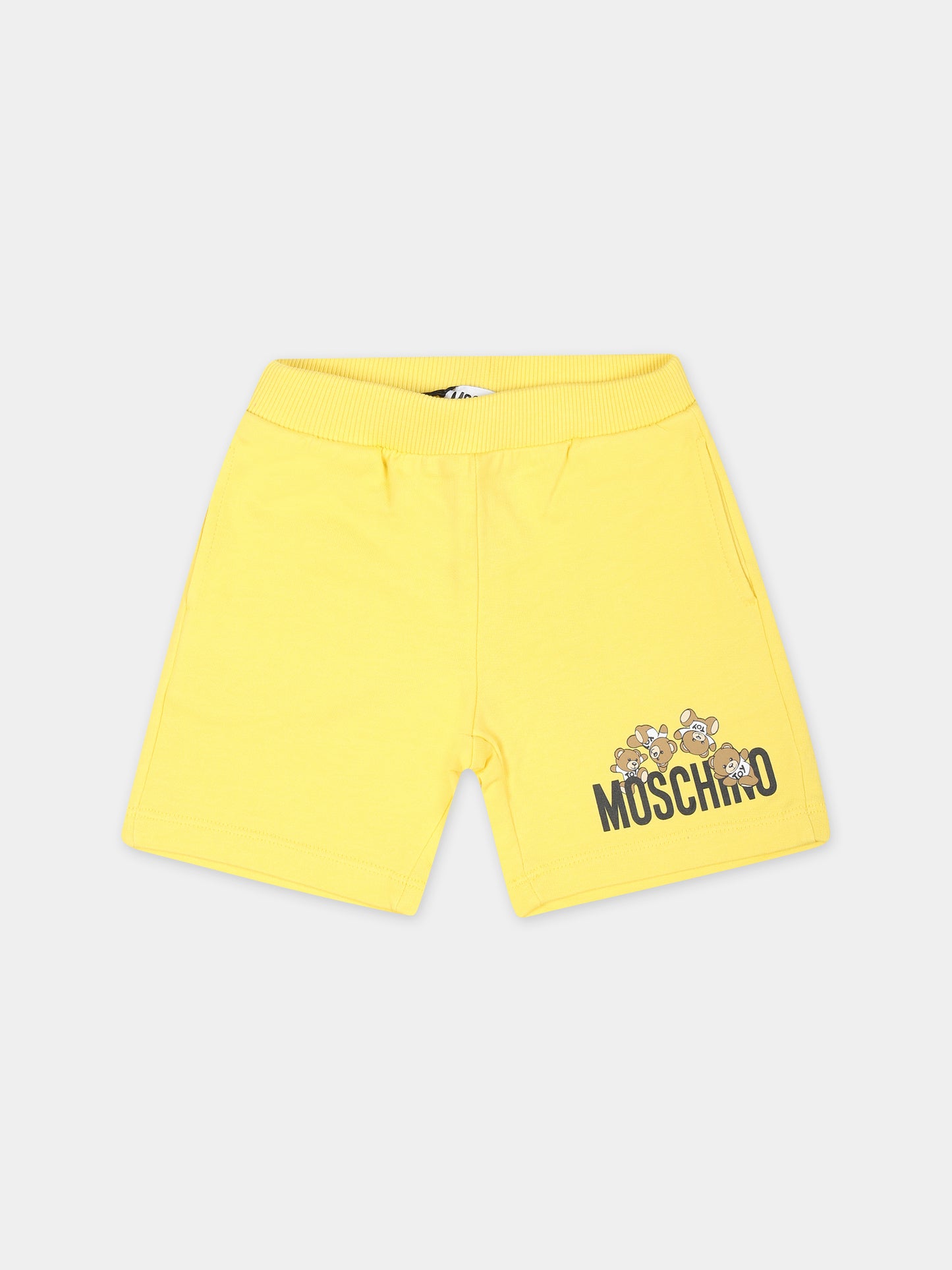 Shorts gialli per neonato con Teddy Bears e logo,Moschino Kids,MNQ00N LCA19 50162