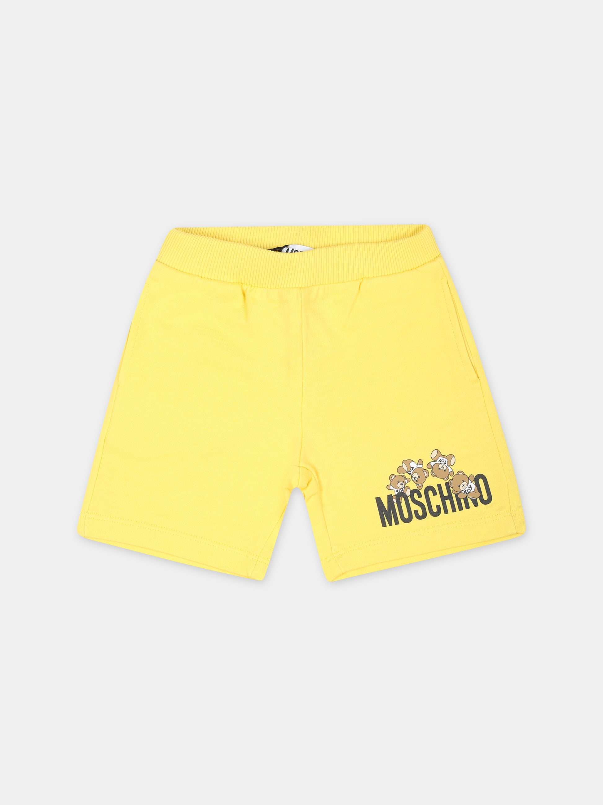 Shorts gialli per neonato con Teddy Bears e logo,Moschino Kids,MNQ00N LCA19 50162