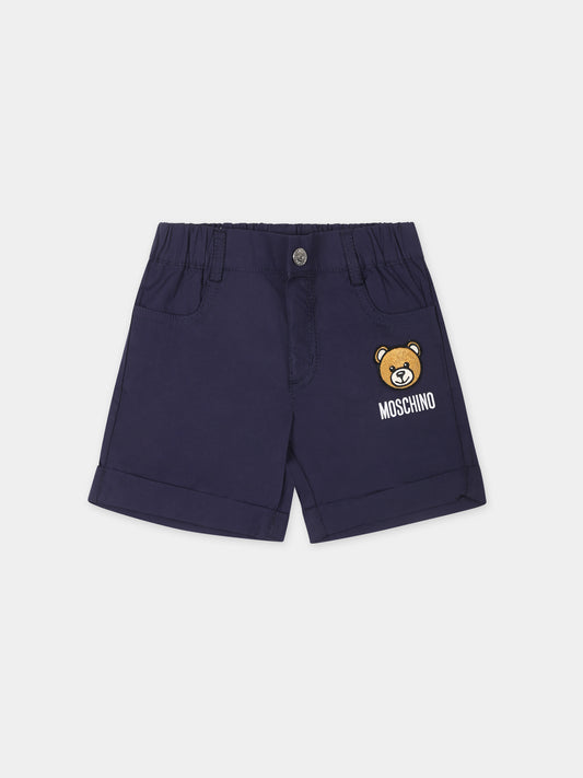 Shorts blu per neonato con Teddy Bear e logo,Moschino Kids,MUQ016 LLA11 40016