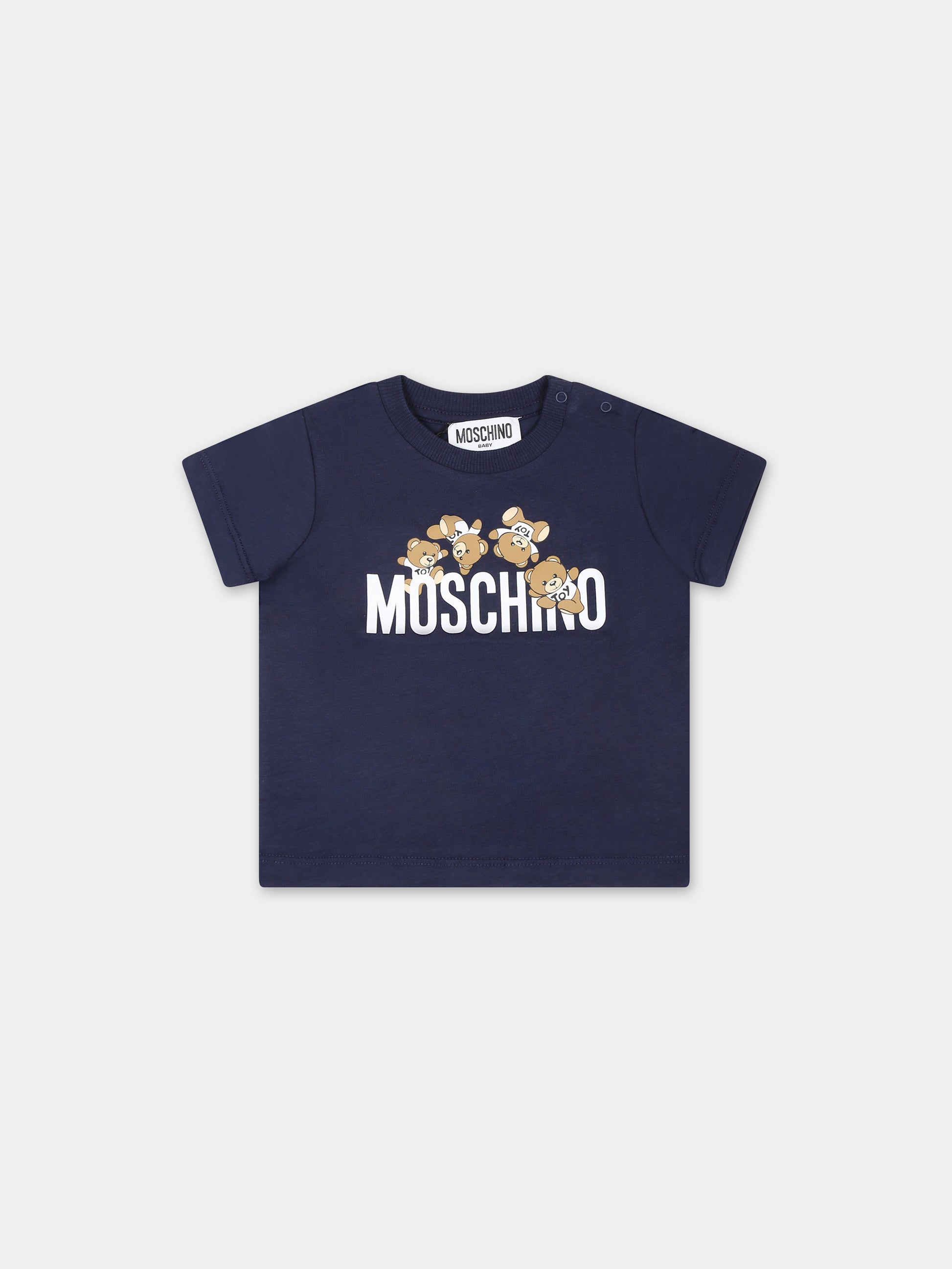 T-shirt blu per neonato con Teddy Bears  e logo,Moschino Kids,MWM032 LAA03 40016