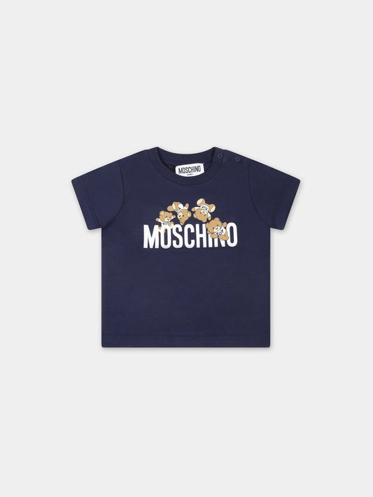 T-shirt blu per neonato con Teddy Bears  e logo,Moschino Kids,MWM032 LAA03 40016