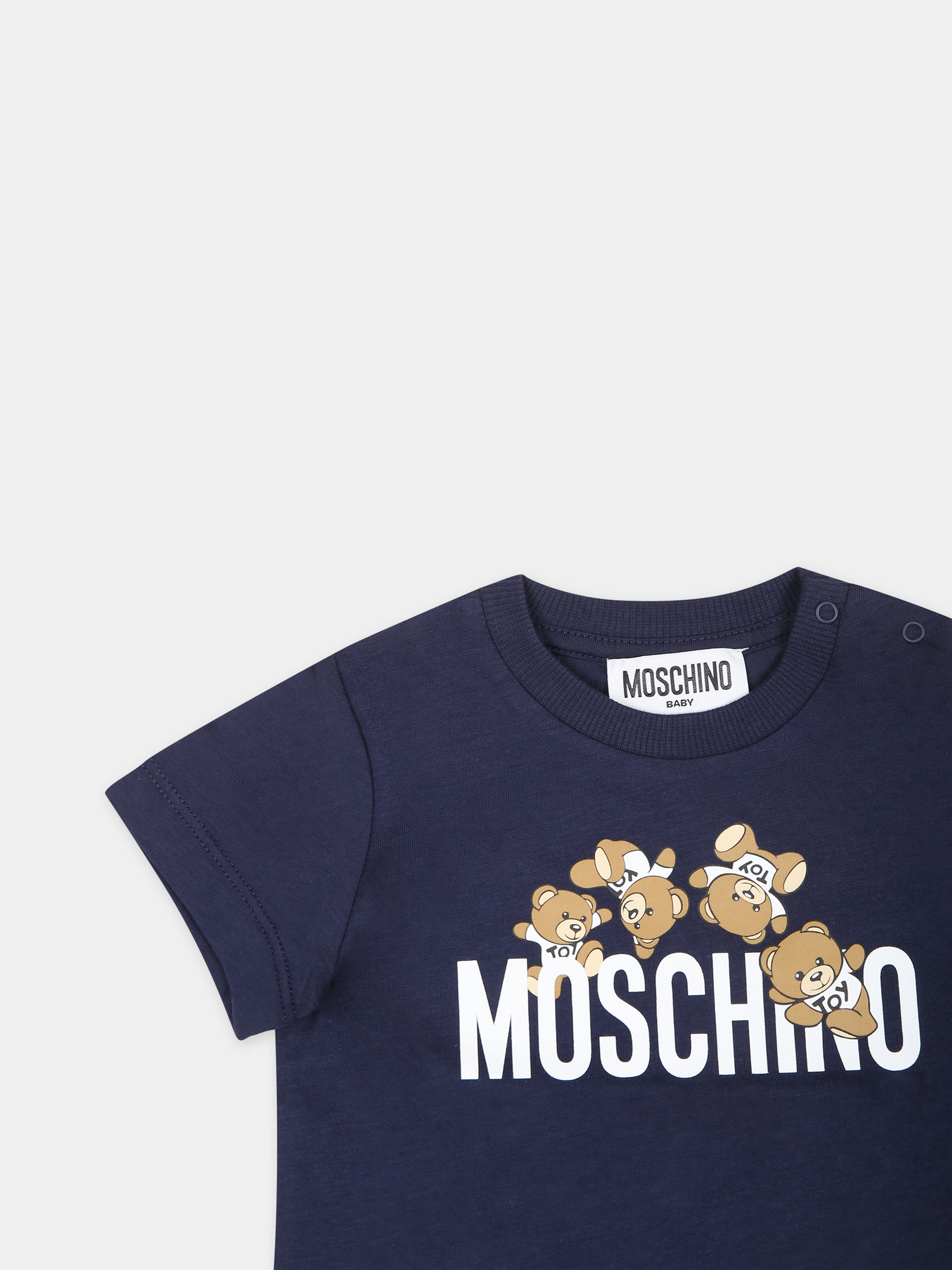 T-shirt blu per neonato con Teddy Bears  e logo,Moschino Kids,MWM032 LAA03 40016
