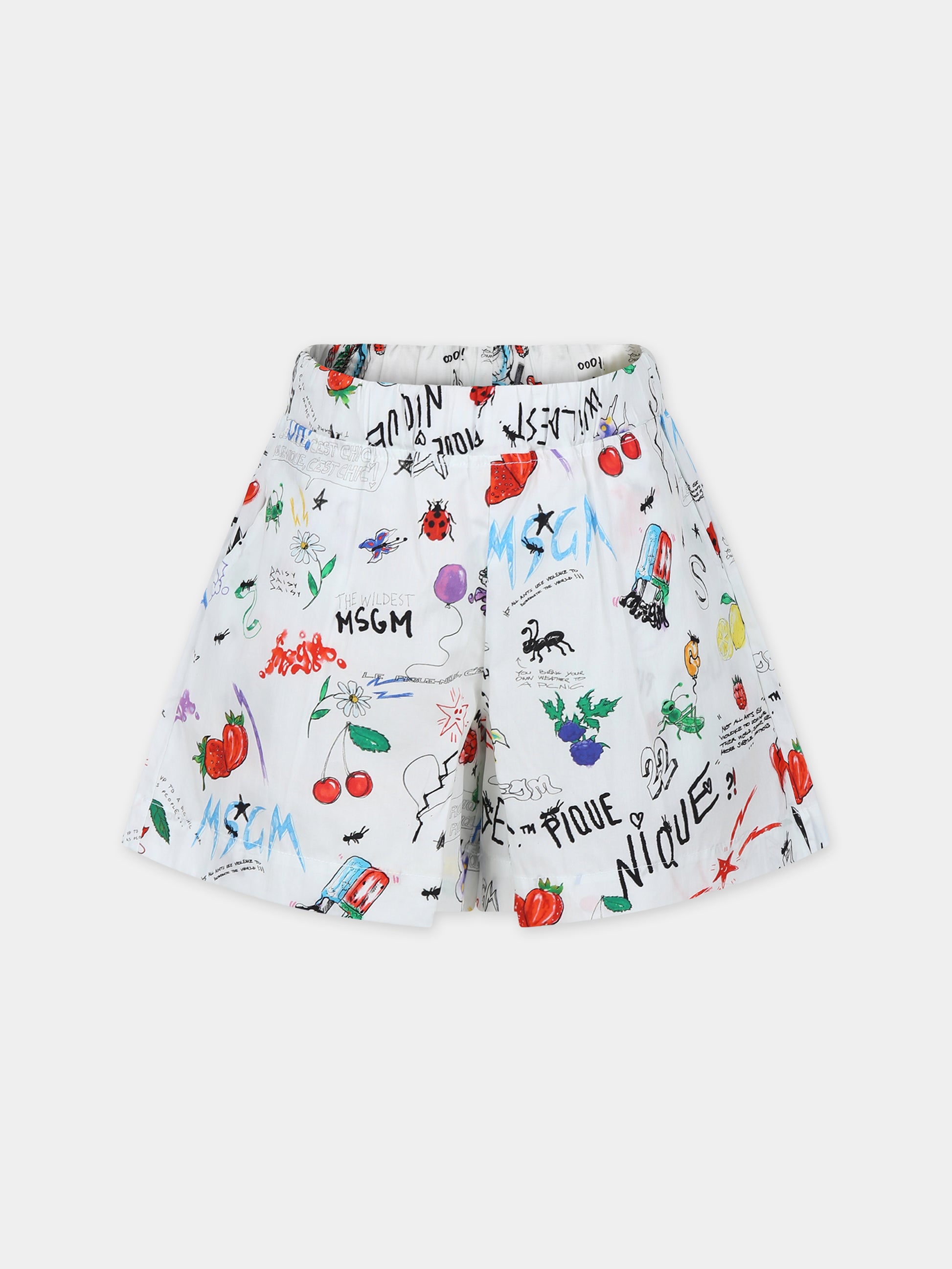 Shorts bianchi per bambina con stampa fumetto,Msgm Kids,MS029395 001
