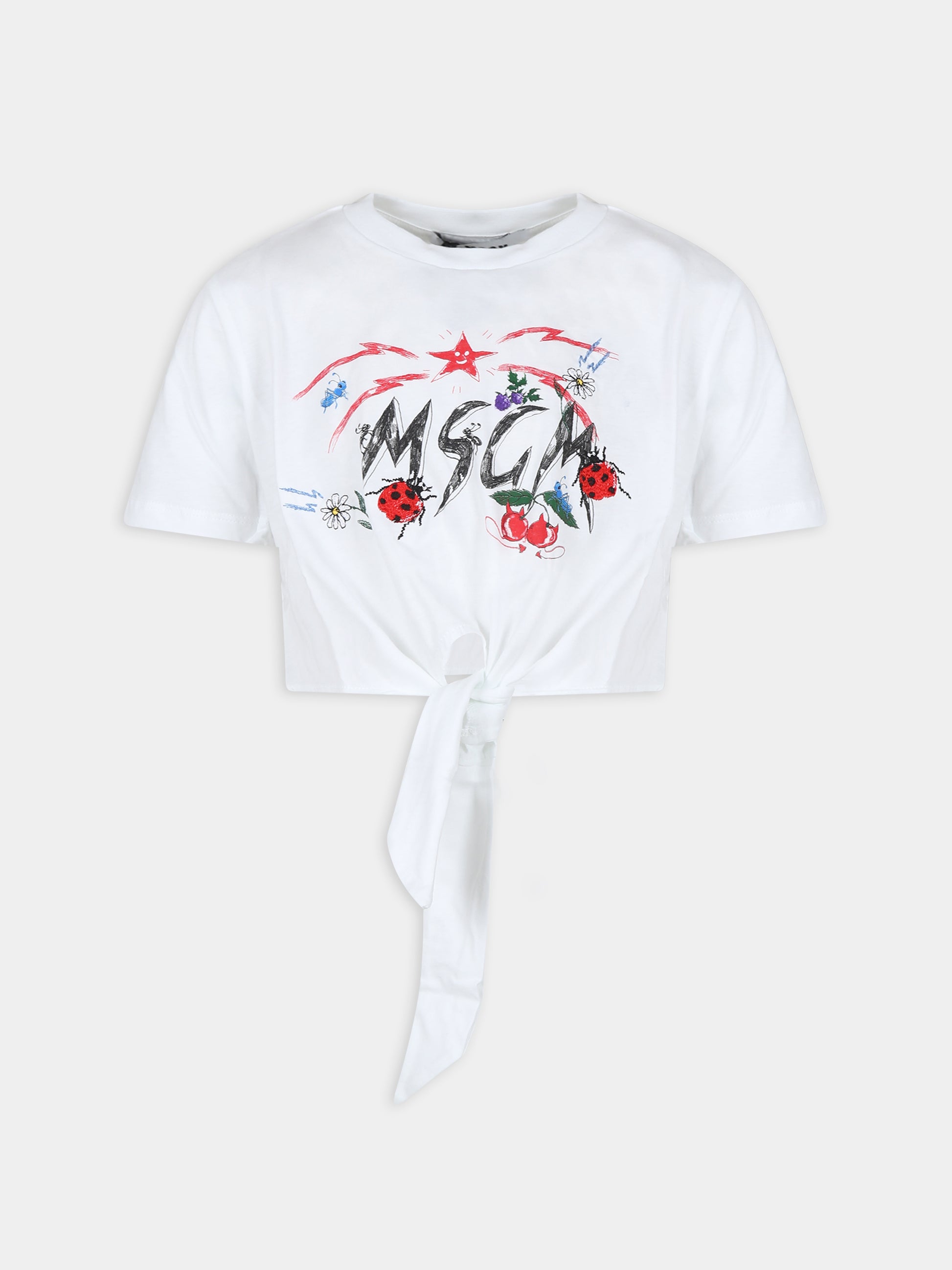 T-shirt crop bianca per bambina con logo e coccinelle,Msgm Kids,MS029398 001