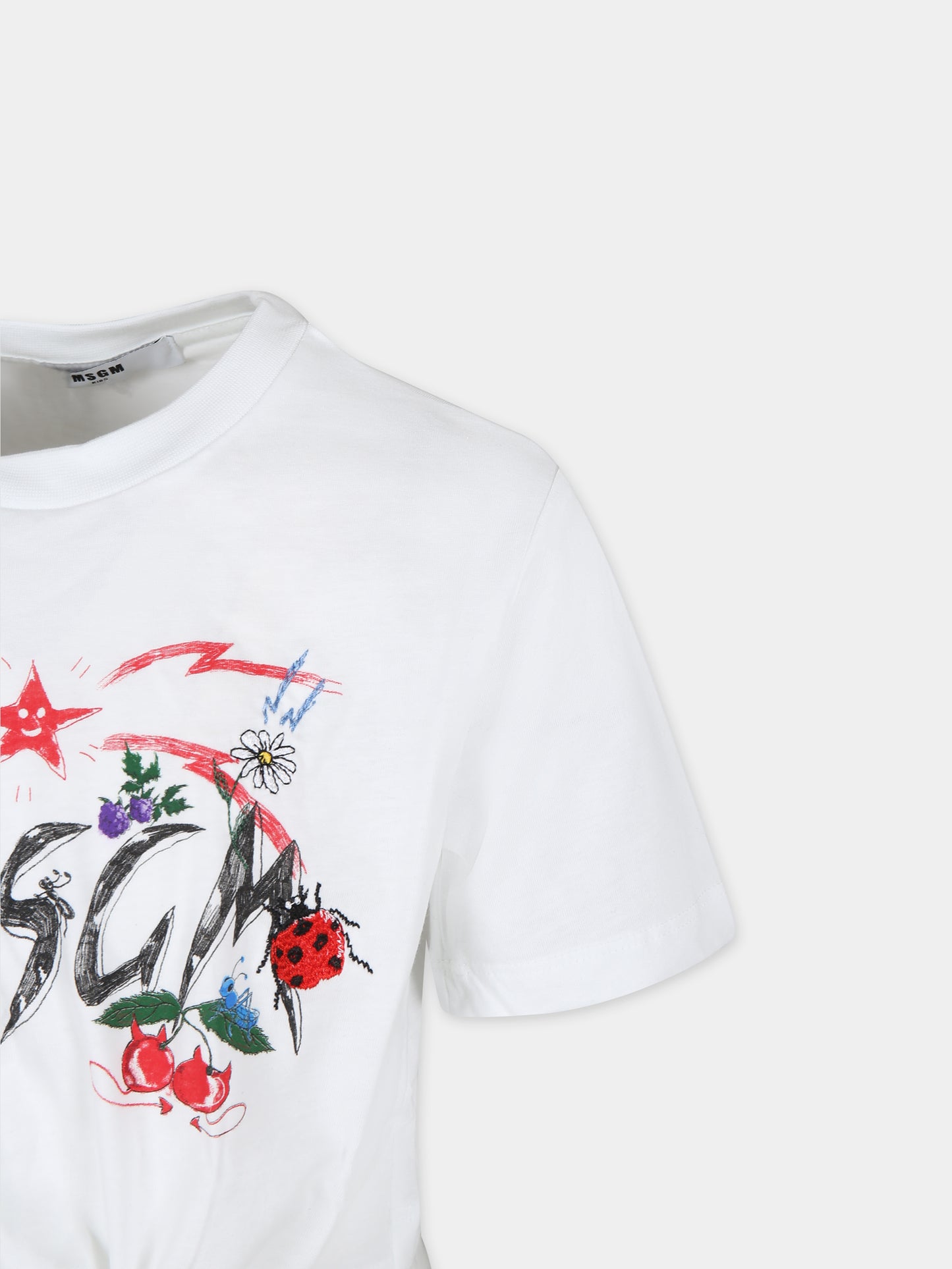 T-shirt crop bianca per bambina con logo e coccinelle,Msgm Kids,MS029398 001