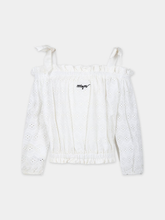 Top bianco per bambina con pizzo sangallo,Msgm Kids,MS029419 002