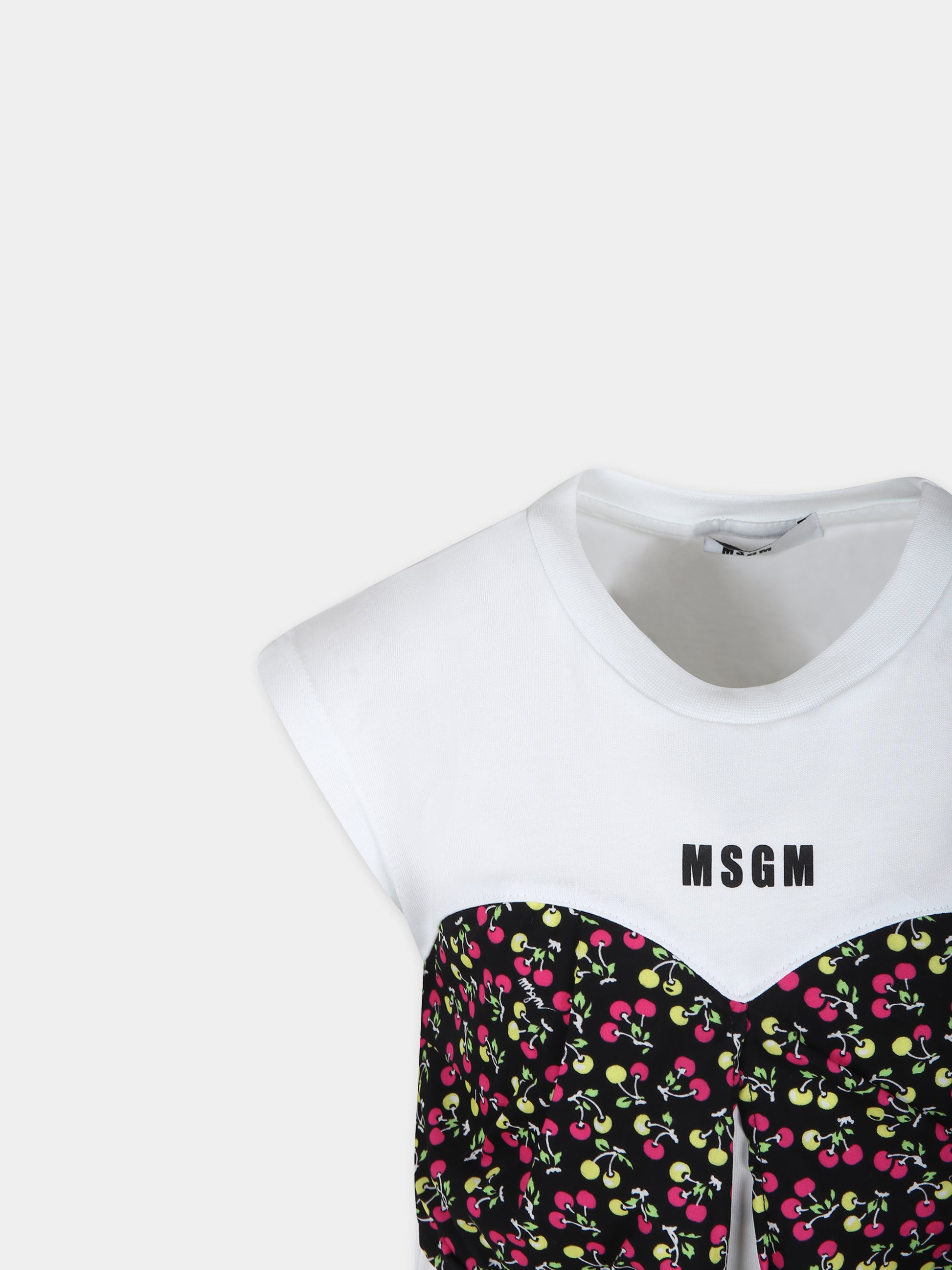 T-shirt crop bianca per bambina con stampa ciliegie,Msgm Kids,MS029436 001