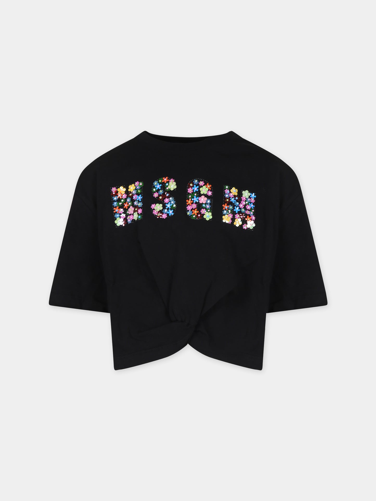 T-shirt crop nera per bambina con logo e perline,Msgm Kids,MS029455 110