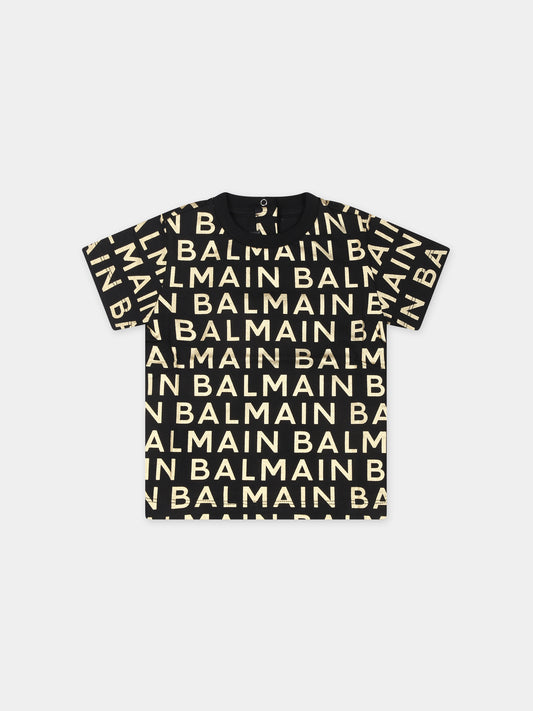 T-shirt nera per neonati con logo all-over,Balmain Kids,BT8541 Z1523 930OR