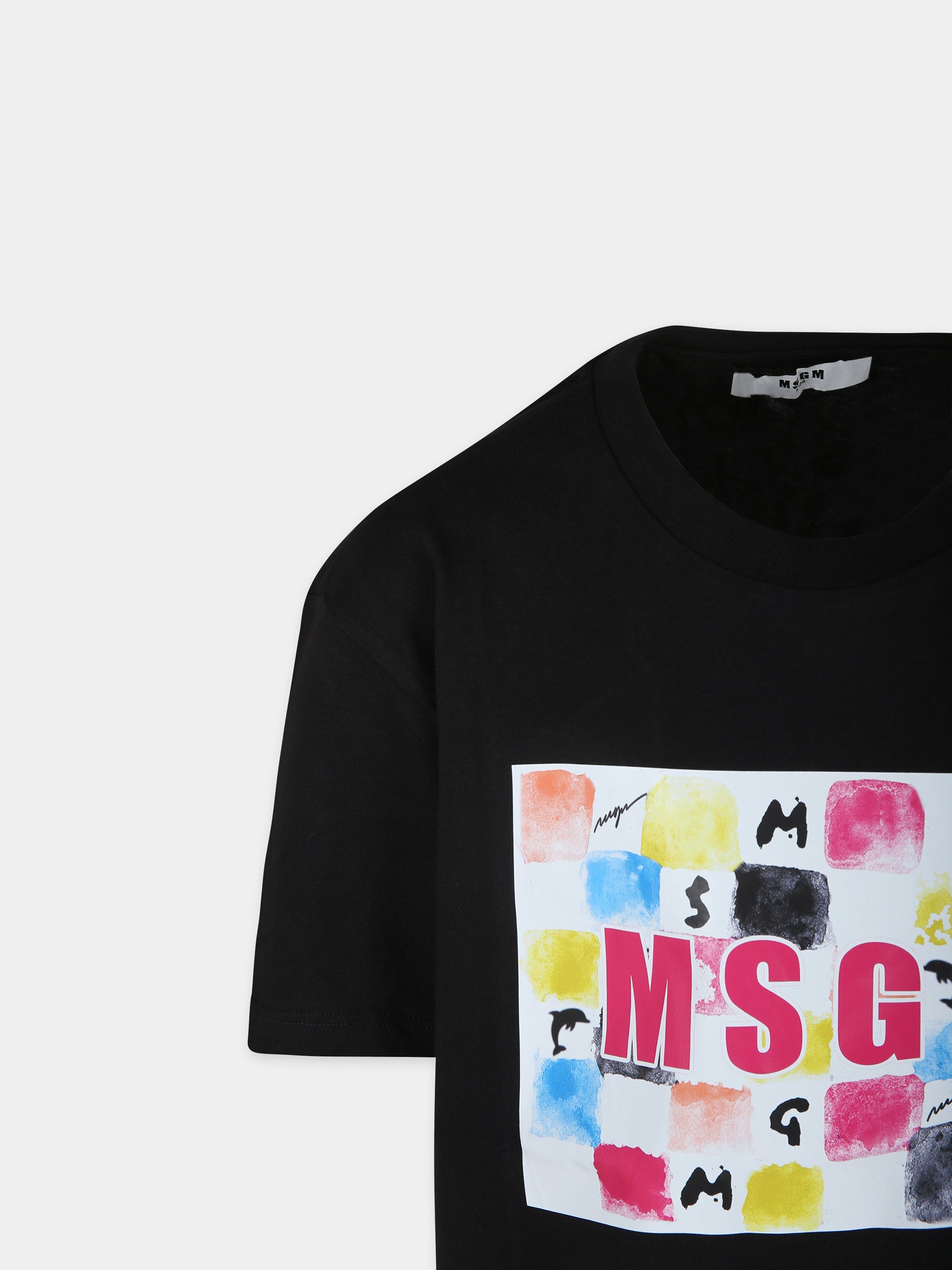 T-shirt nera per bambina con stampa grafica e logo,Msgm Kids,S4MSJGTH286 110