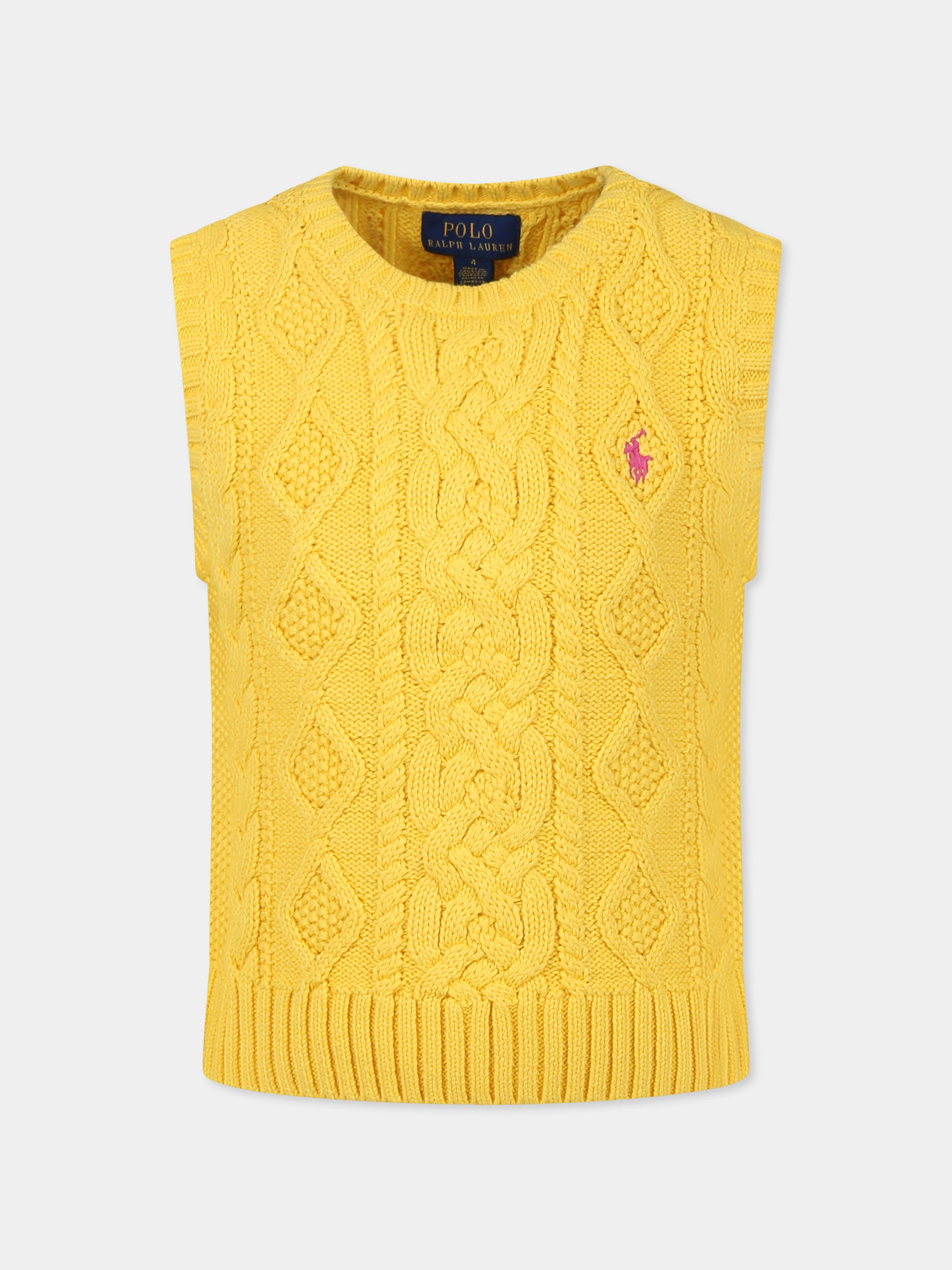 Gilet giallo per bambina con cavallino,Ralph Lauren Kids,956963001 CANARY YELLOW W/ BELMNT