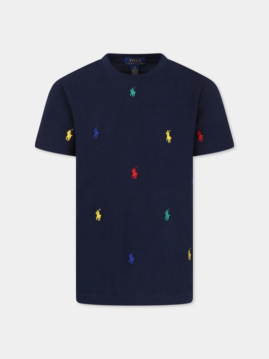 T-shirt blu per bambino con cavallino all over,Ralph Lauren Kids,844626010 REFINED NAVY CORE