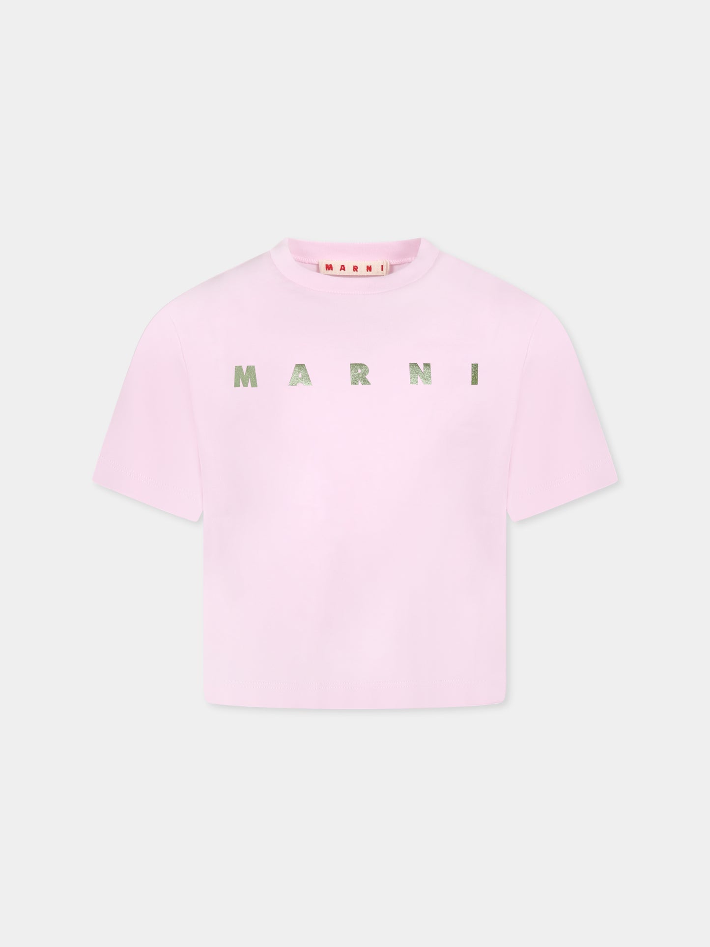 T-shirt rosa crop per bambina con logo verde metallizzato,Marni Kids,M01317 M00HZ MT256F 0M347
