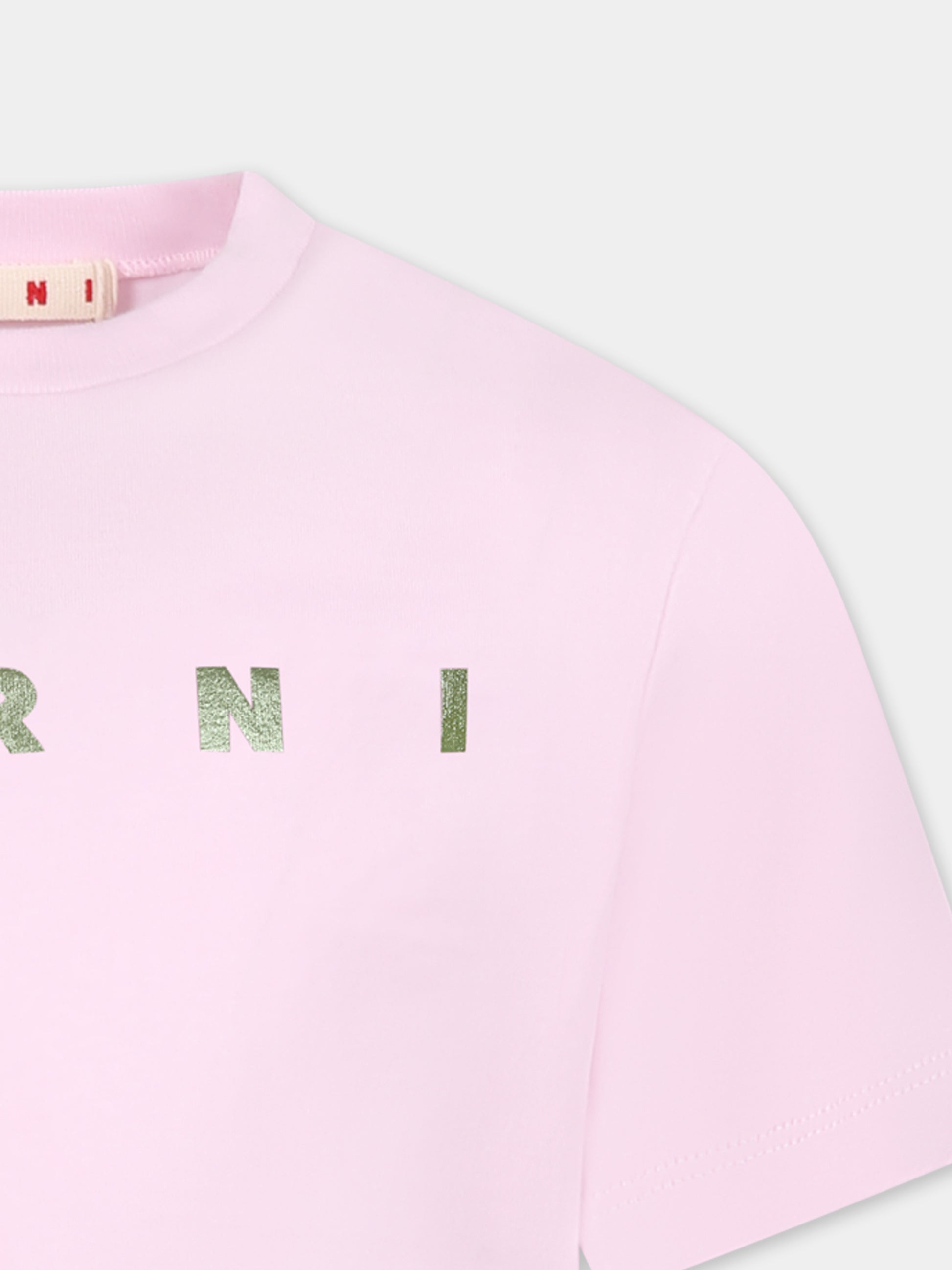 T-shirt rosa crop per bambina con logo verde metallizzato,Marni Kids,M01317 M00HZ MT256F 0M347