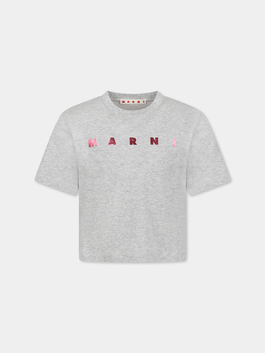 T-shirt grigia crop per bambina con logo fucsia metallizzato,Marni Kids,M01317 M00HZ MT256F 0M903