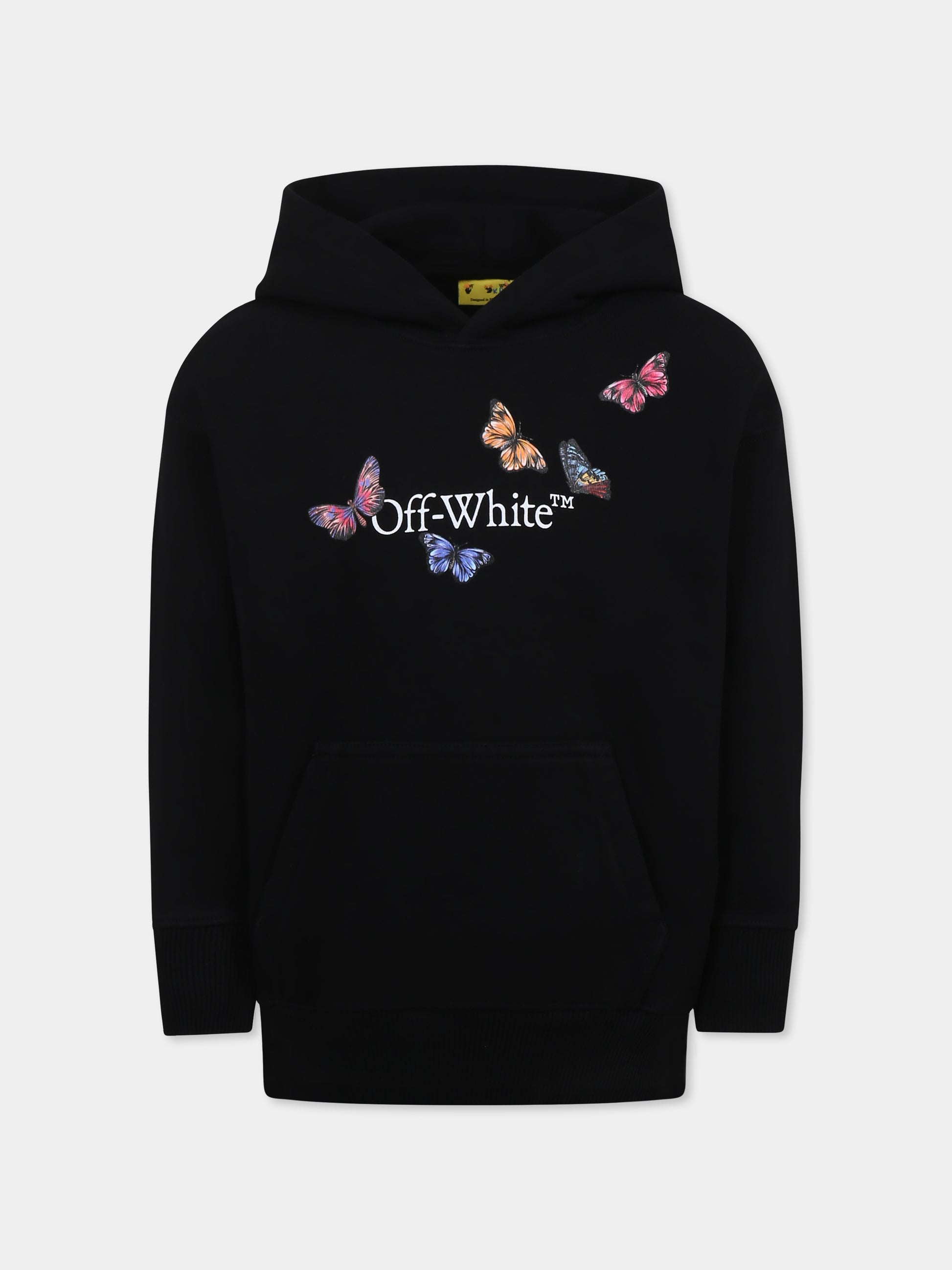 Felpa nera per bambina con logo e farfalle,Off White,OGBB002S25FLE0011001
