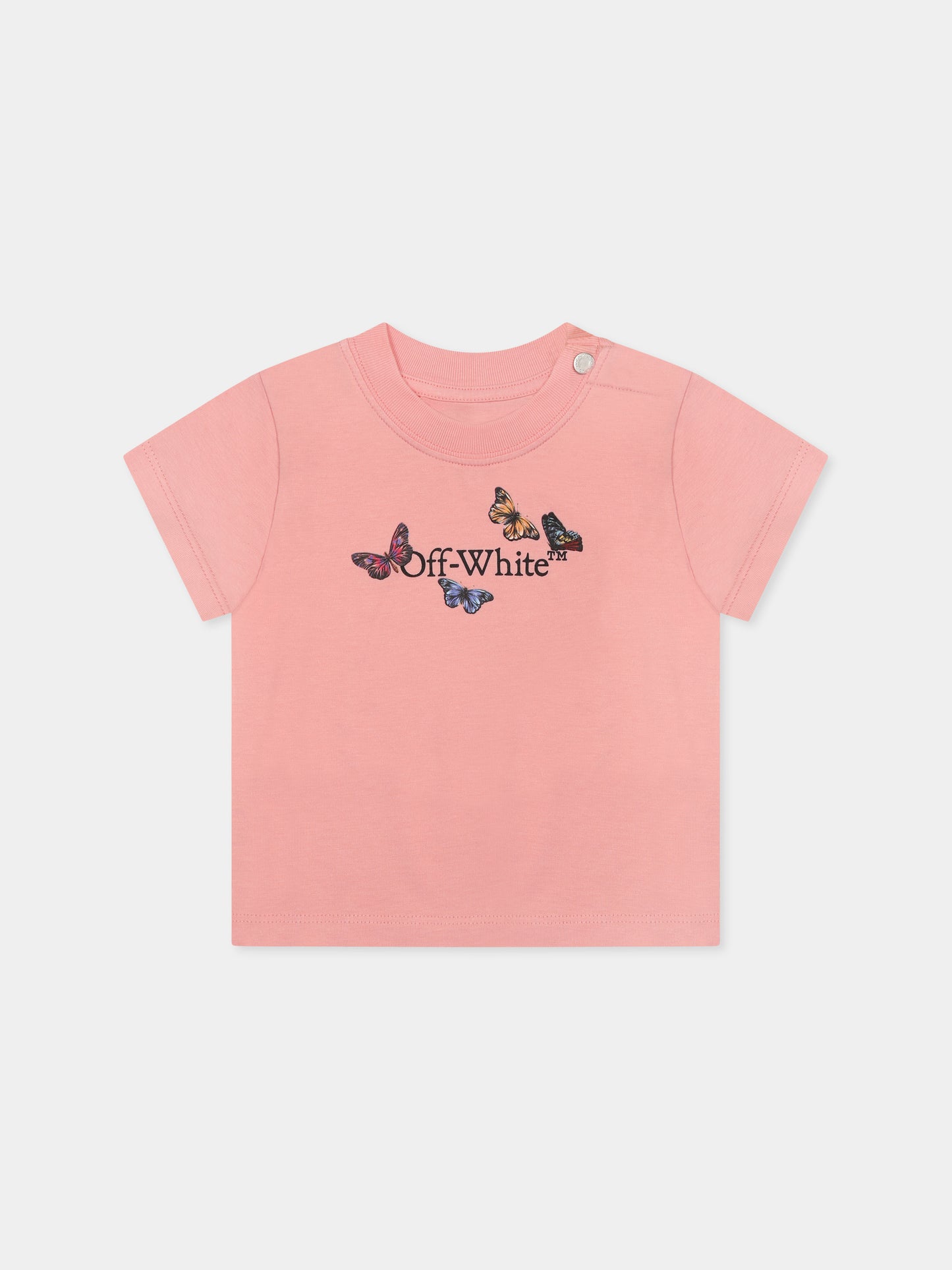 T-shirt rosa per neonata con logo e farfalle,Off White,OGXB001S25JER0023010