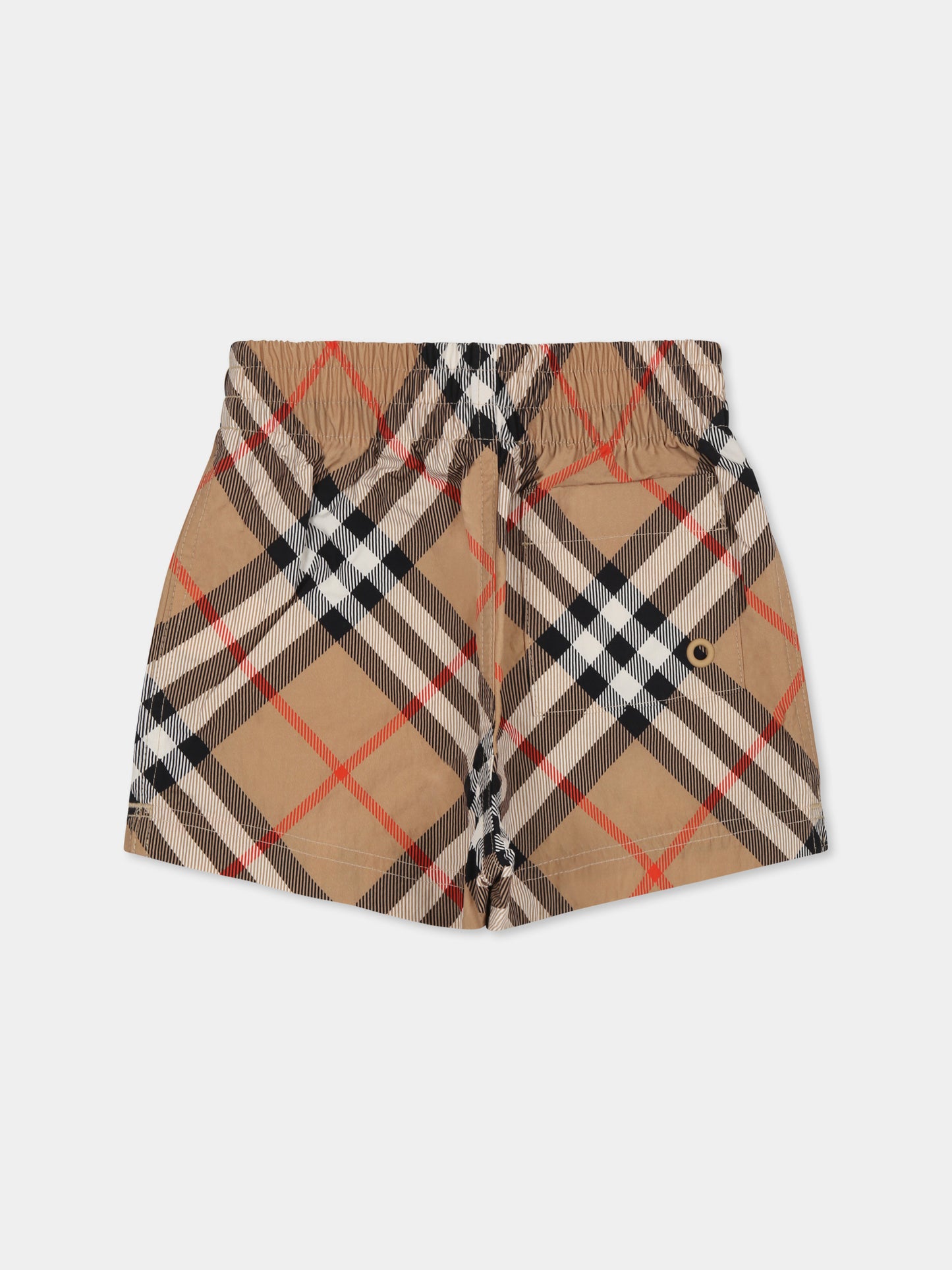 Beige swim shorts for baby boy with vintage check