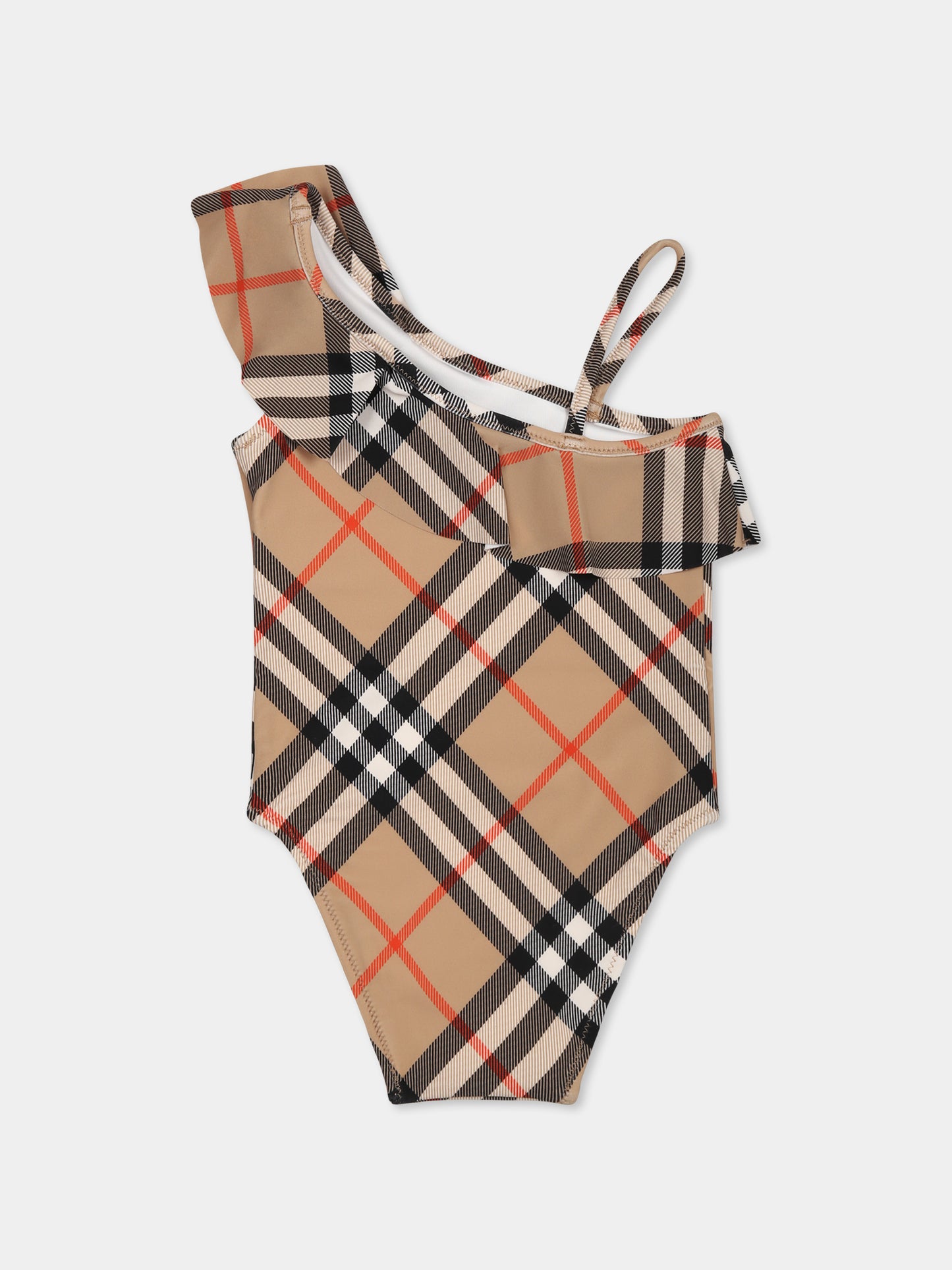 Beige swimsuit for baby girl with vintage check