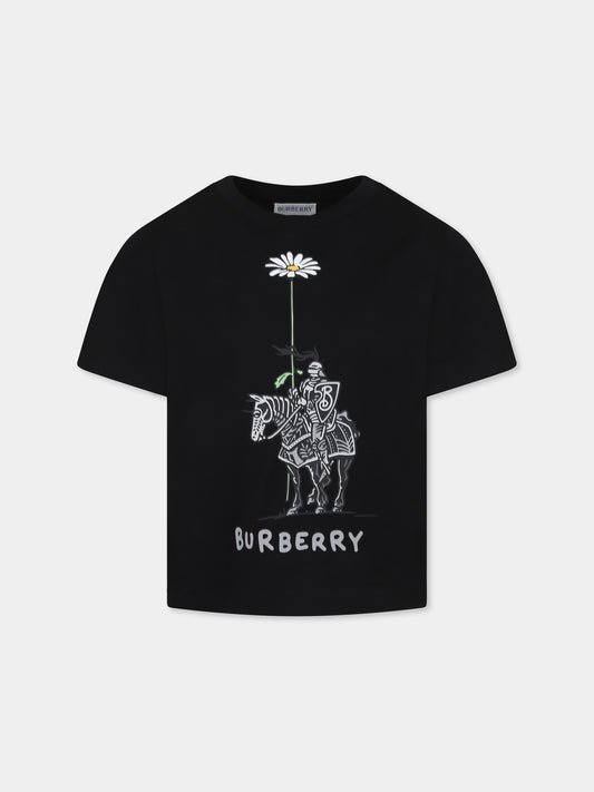 T-shirt nera per bambini con cavaliere equestre,Burberry Kids,8102869 A1189