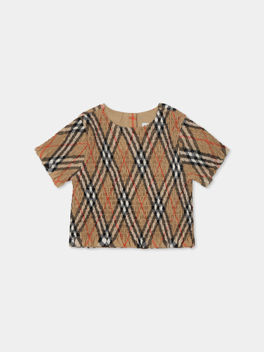 Top beige per neonata con check vintage,Burberry Kids,8100547 B9368