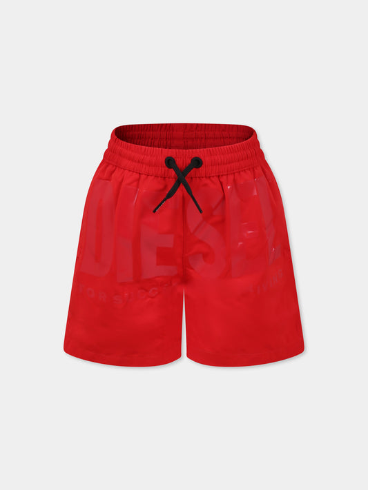 Red swim shorts for boy with logo