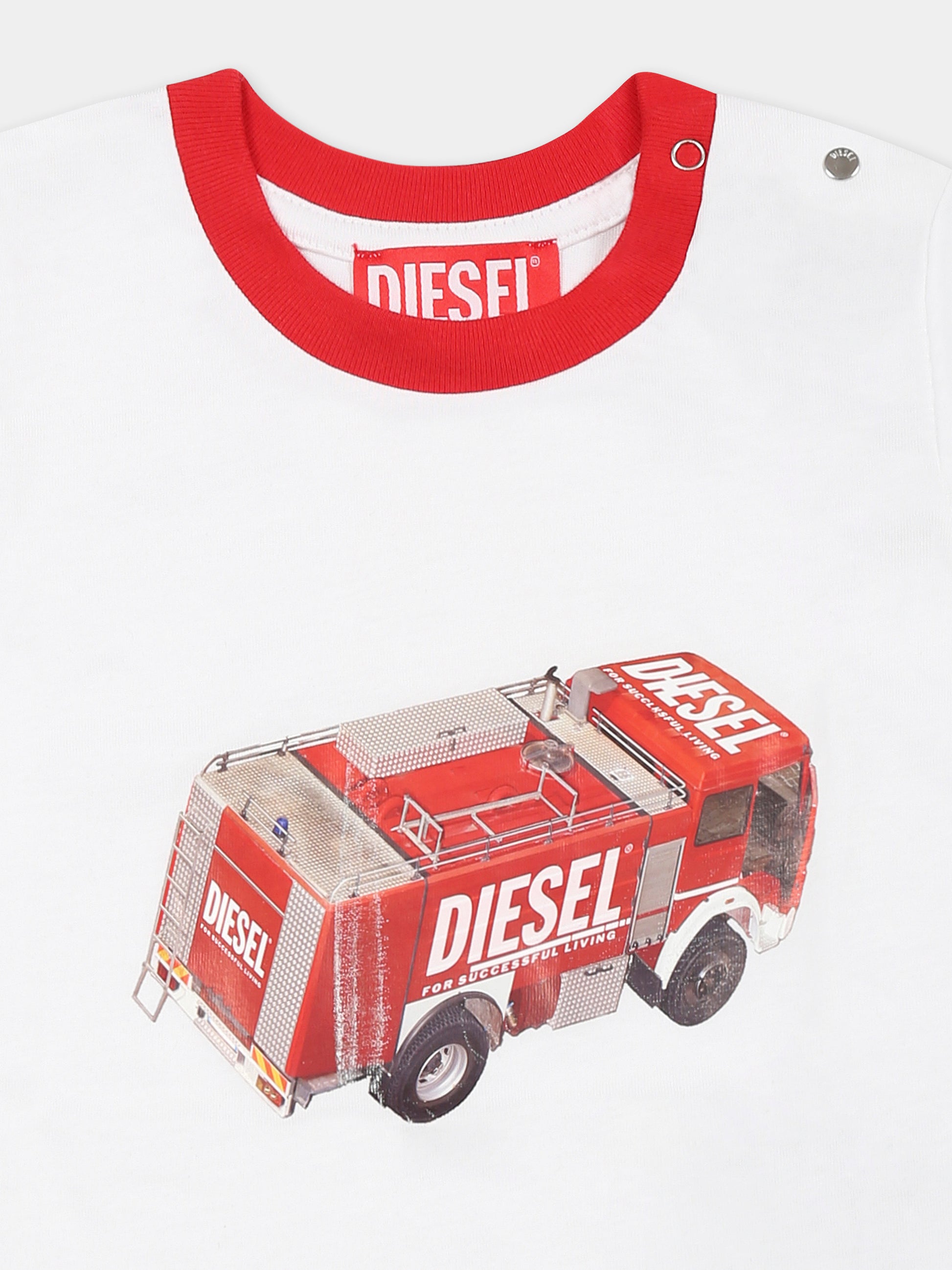 T-shirt bianca per neonato con camion dei vigili del fuoco,Diesel,K00622 0CATM K100