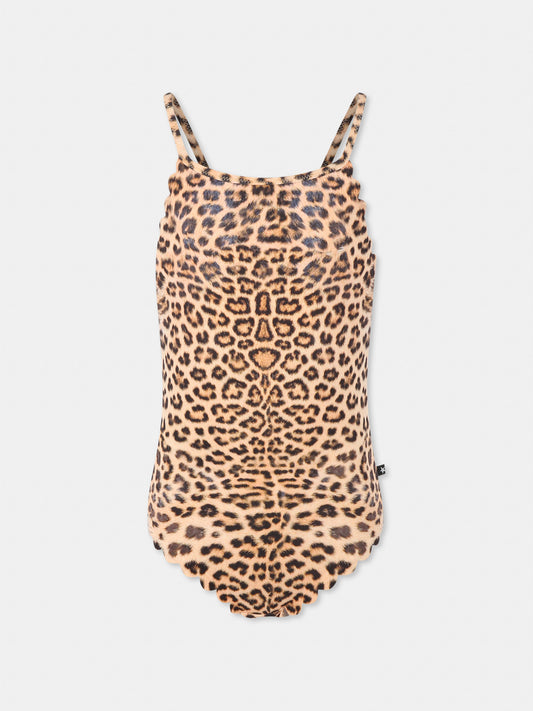 Brown swimsuit for girl with spotted print