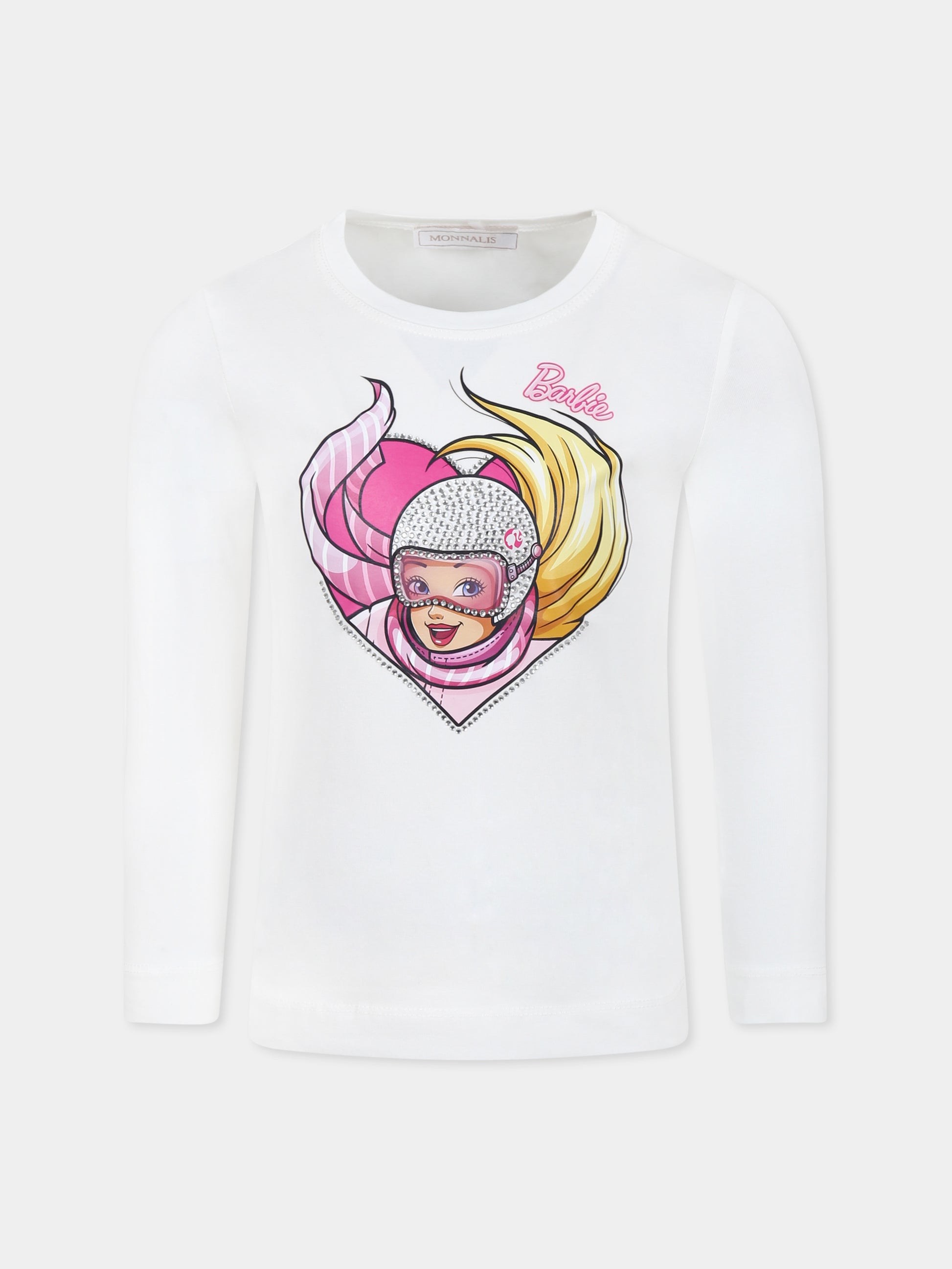 T-shirt avorio per bambina con Barbie e strass,Monnalisa,19D646 4006 0001