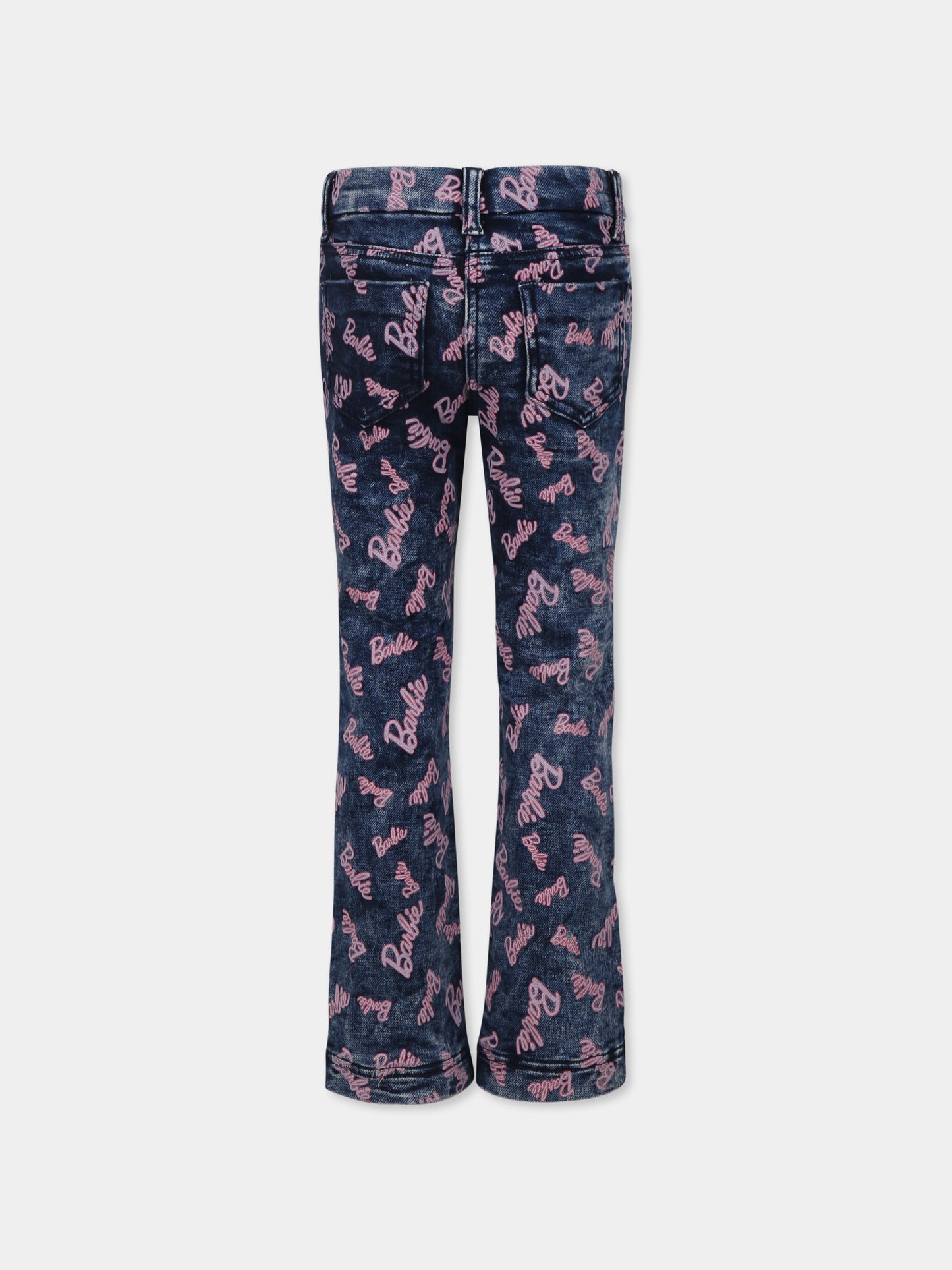 Jeans blu per bambina con scritta Barbie all over,Monnalisa,19D430 4771 0055