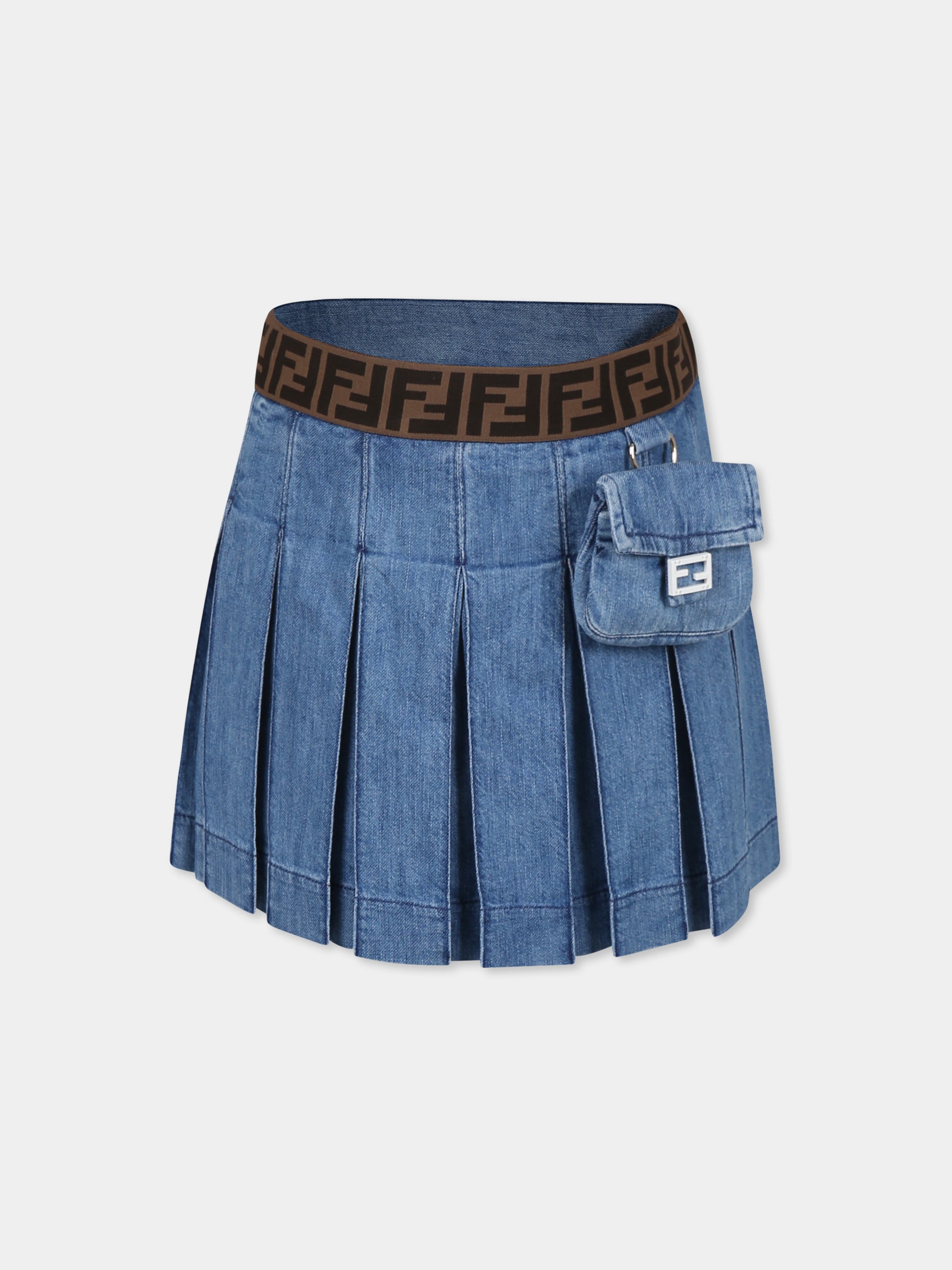 Gonna blu per bambina con FF e baguette,Fendi Kids,JFE165 ATRF F0QG0