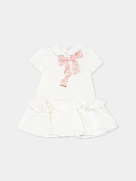 Vestito bianco per neonata con fiocco e FF,Fendi Kids,BFB538 5V0 F0TU9