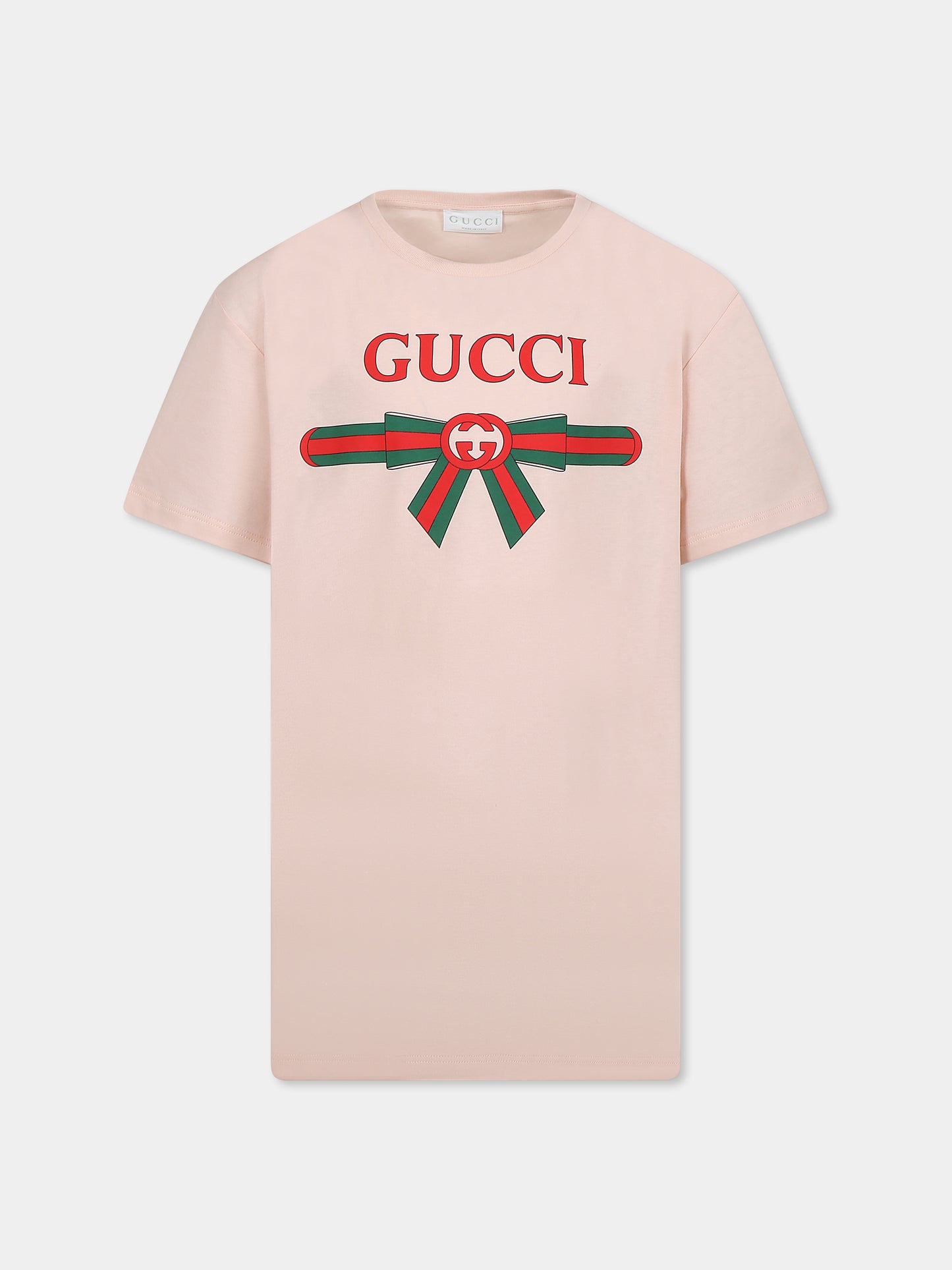 T-shirt rosa per bambina con incrocio GG e fiocco Web,Gucci Kids,610190 XJG0K 6341