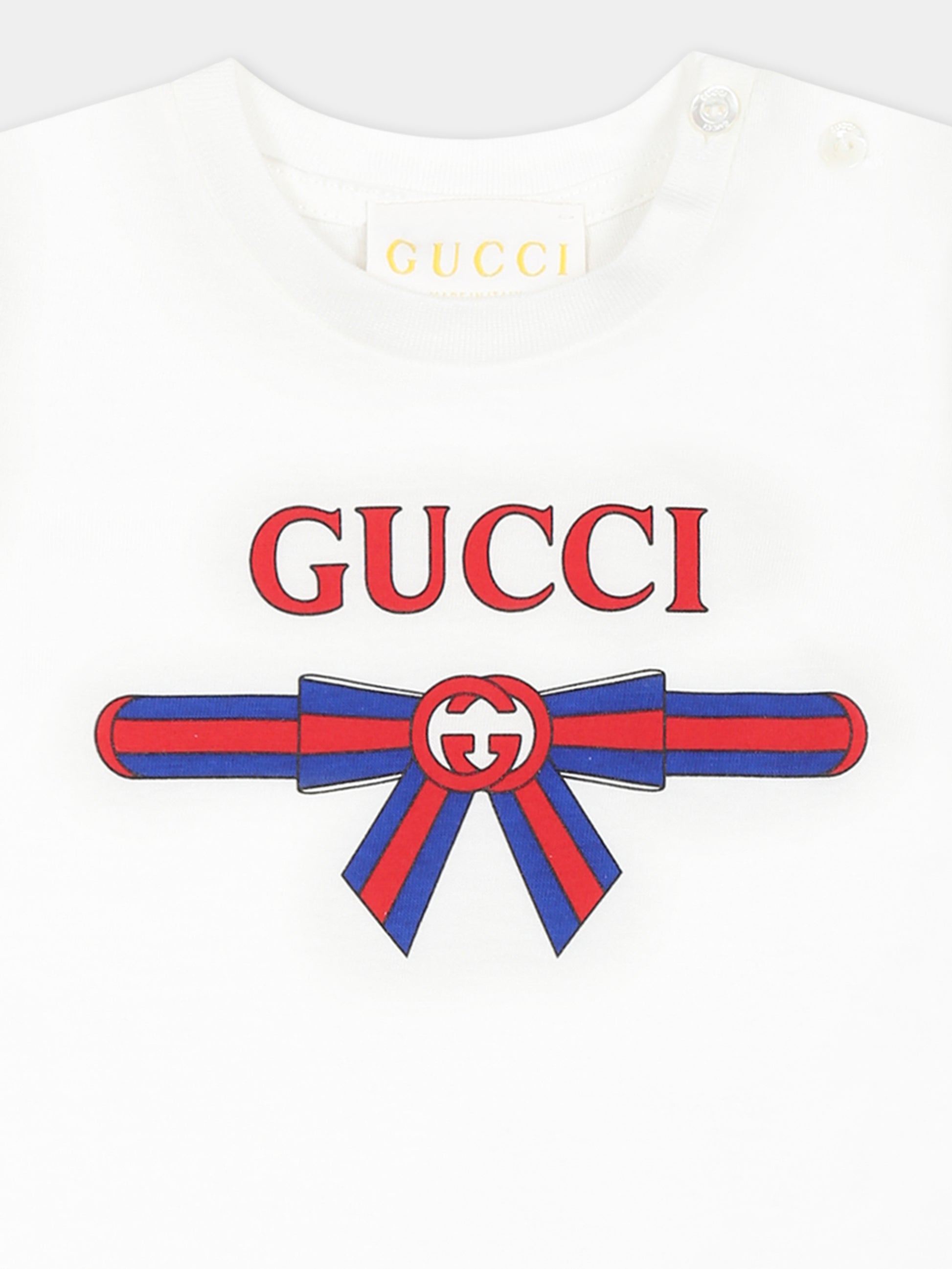 T-shirt bianca per neonata con incrocio GG e fiocco Web,Gucci Kids,555675 XJG6C 9214