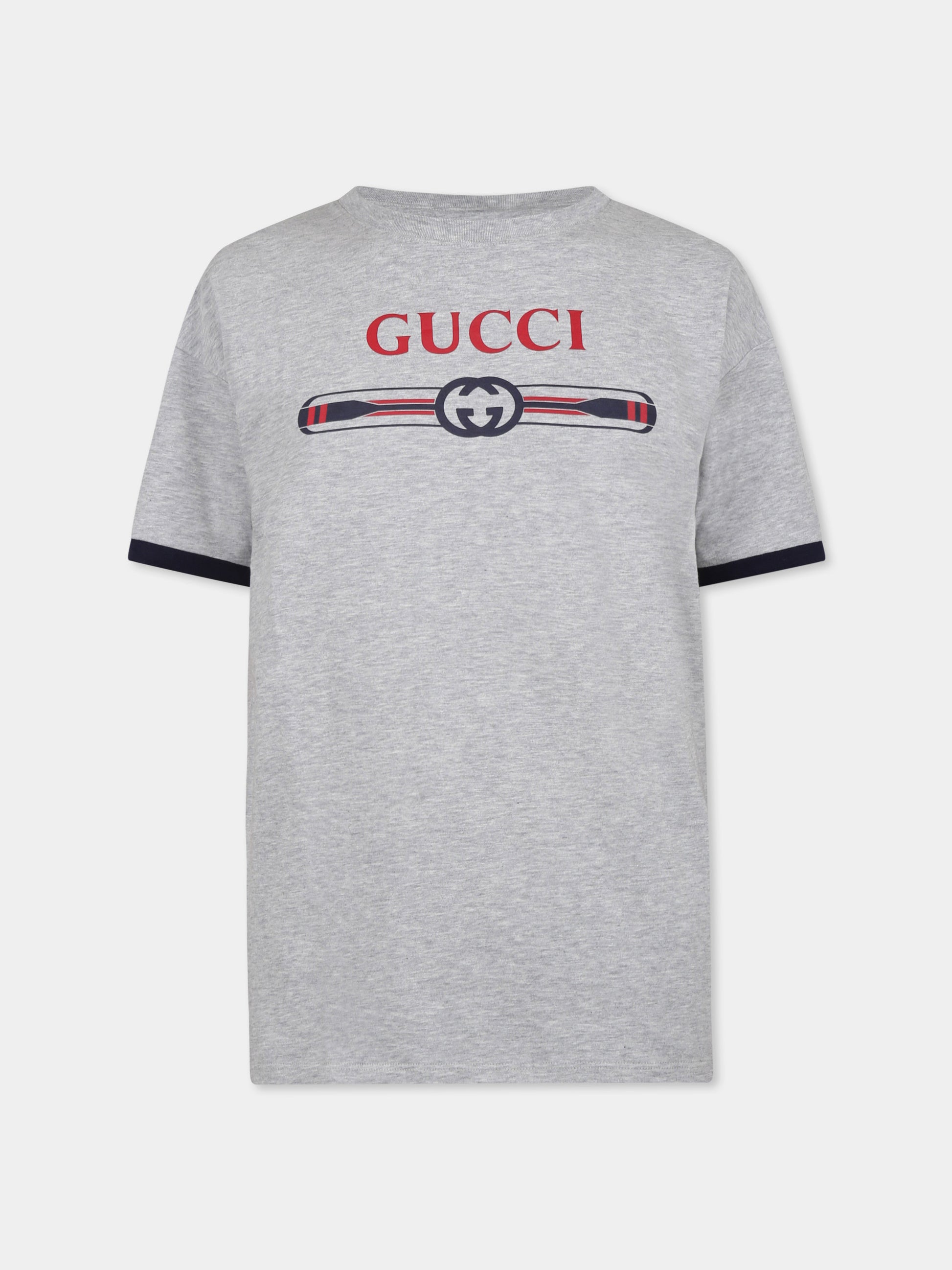 T-shirt grigia per bambino con logo Gucci e remi,Gucci Kids,820889 XJGY3 1151