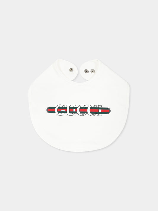 Bavaglino bianco per neonati con logo e dettaglio Web,Gucci Kids,812543 3K107 9000