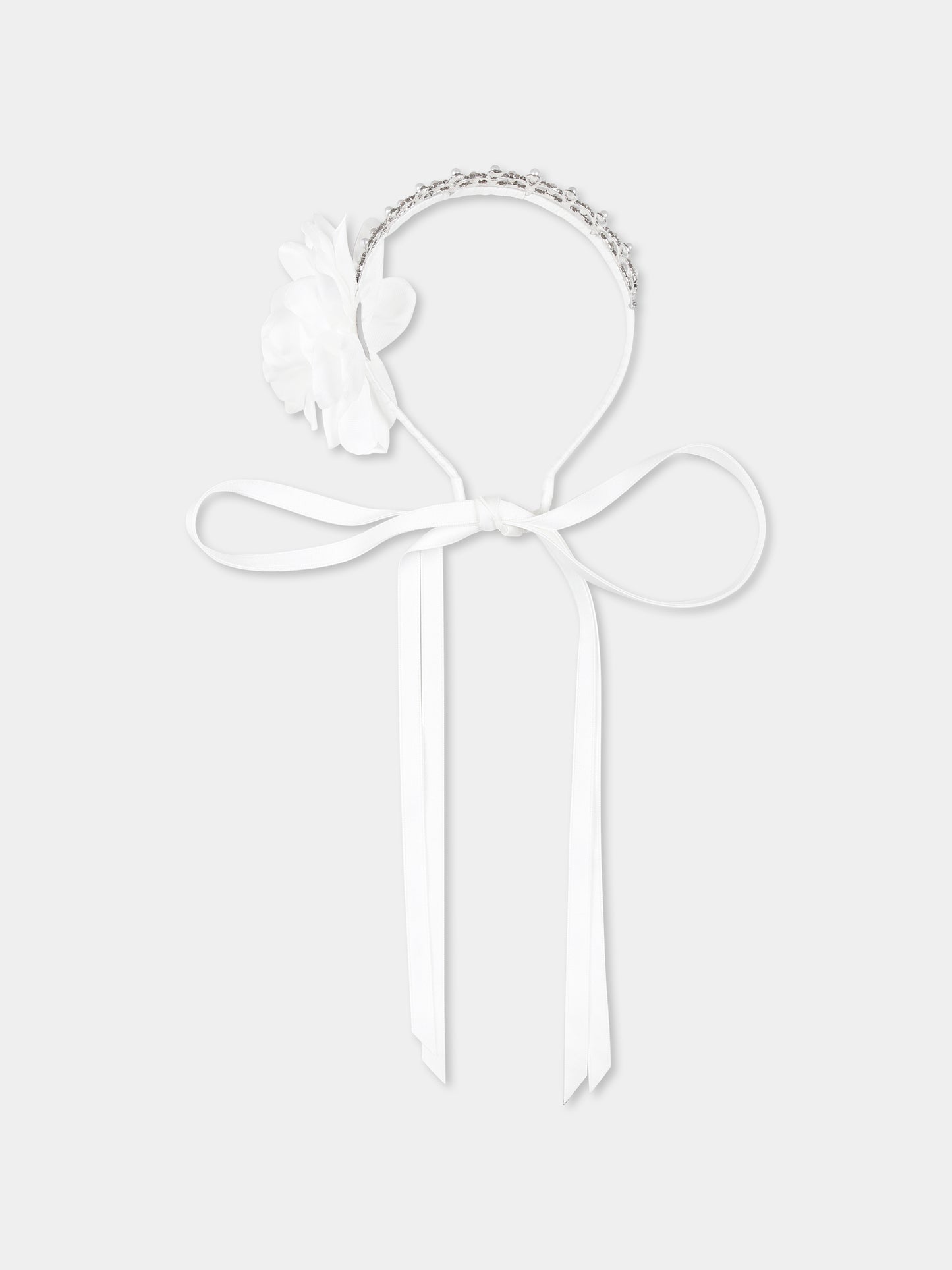 Cerchietto bianco per bambina con perle e fiore,Monnalisa,79E020 5073 0001