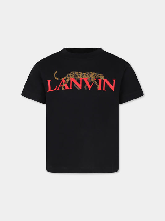T-shirt nera per bambino con stampa leopardo e logo,Lanvin Petite,N25146 09B