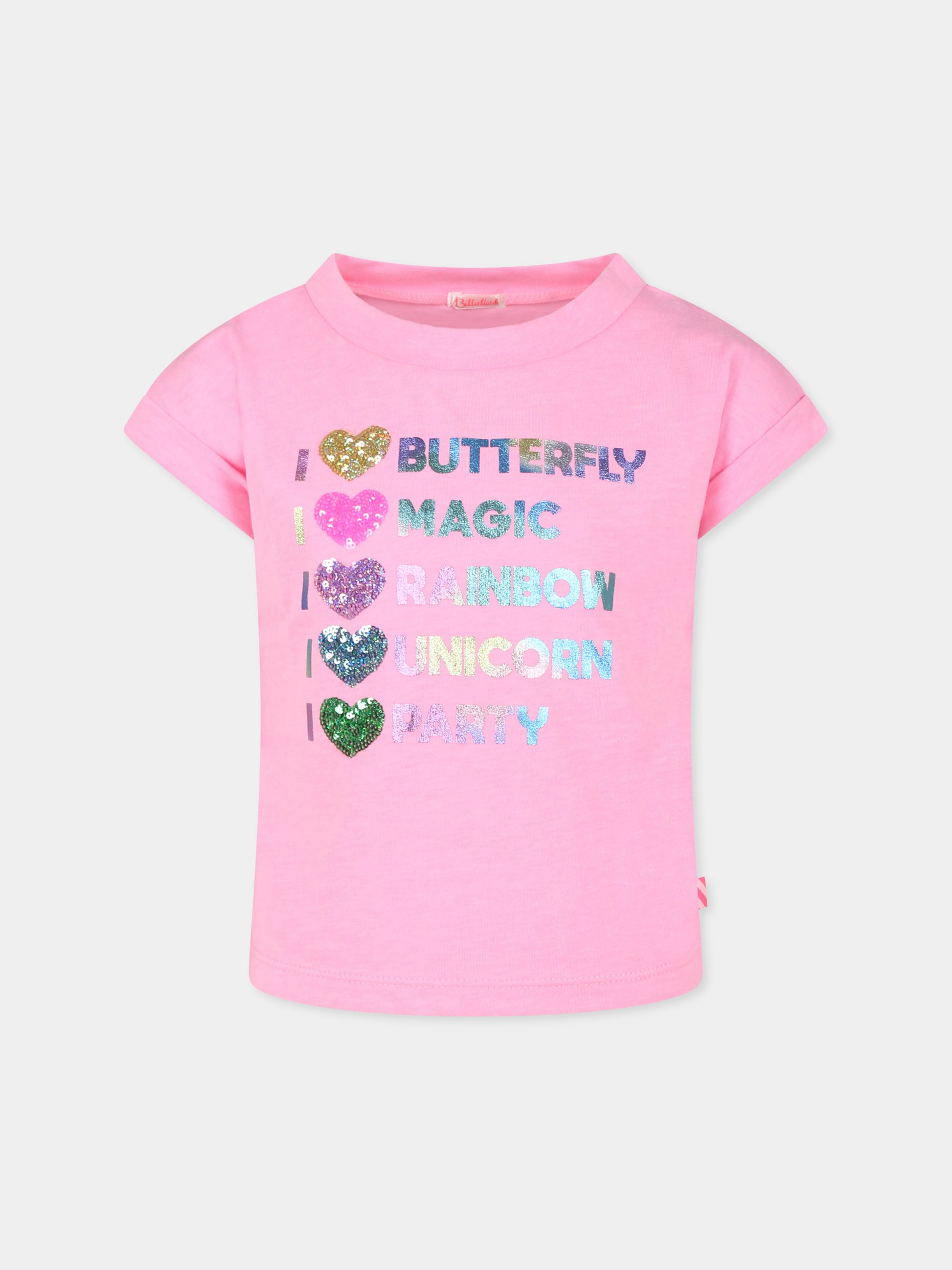 T-shirt rosa per bambina con scritta e cuori,Billieblush,U15B48 462