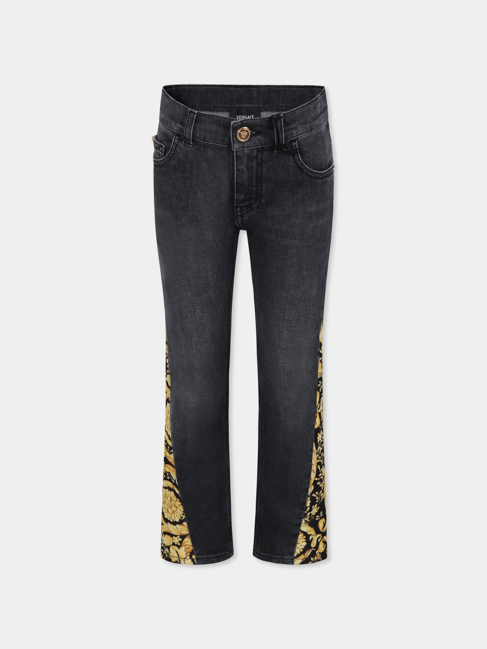 Jeans neri per bambini con stampa barocco,Versace,1018318 1A13026 2D600