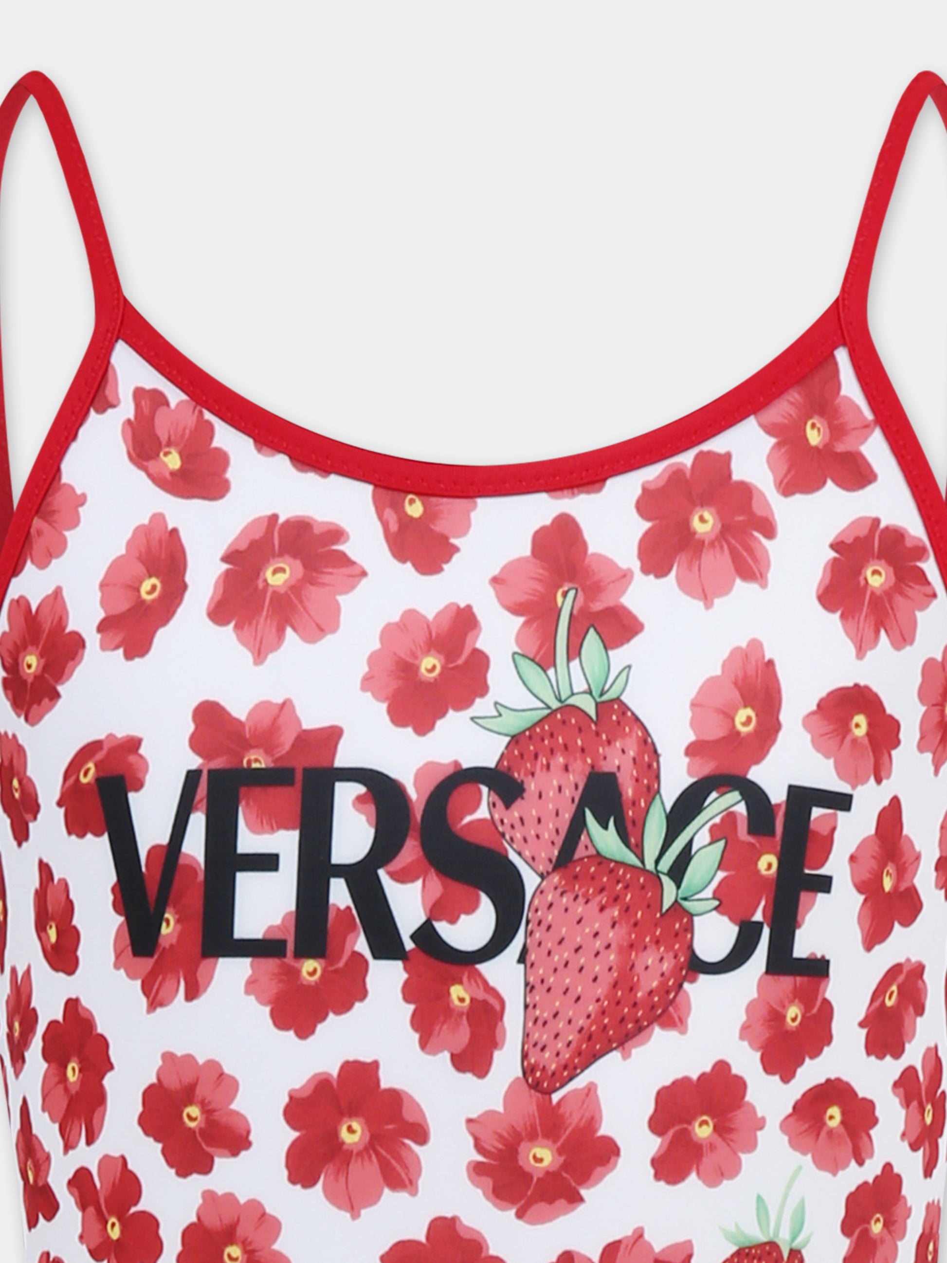 Costume rosso per bambina con logo e fragole,Versace,1018705 1A13286 5W690